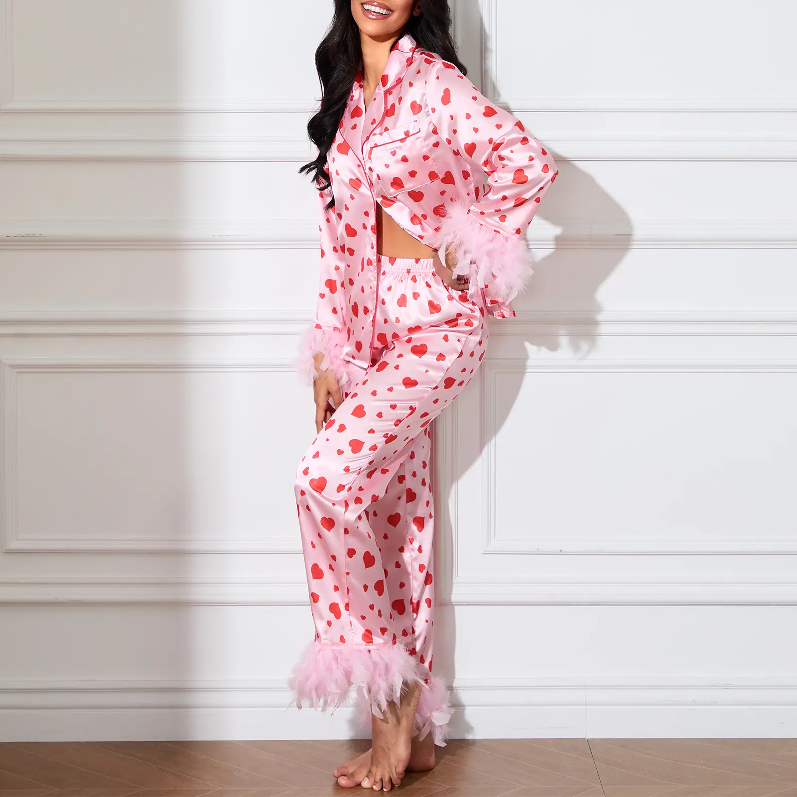 Women's Satin Loungewear Set, Heart Print Feather Cuff Long Sleeve Lapel Button Down Tops with Long Pants