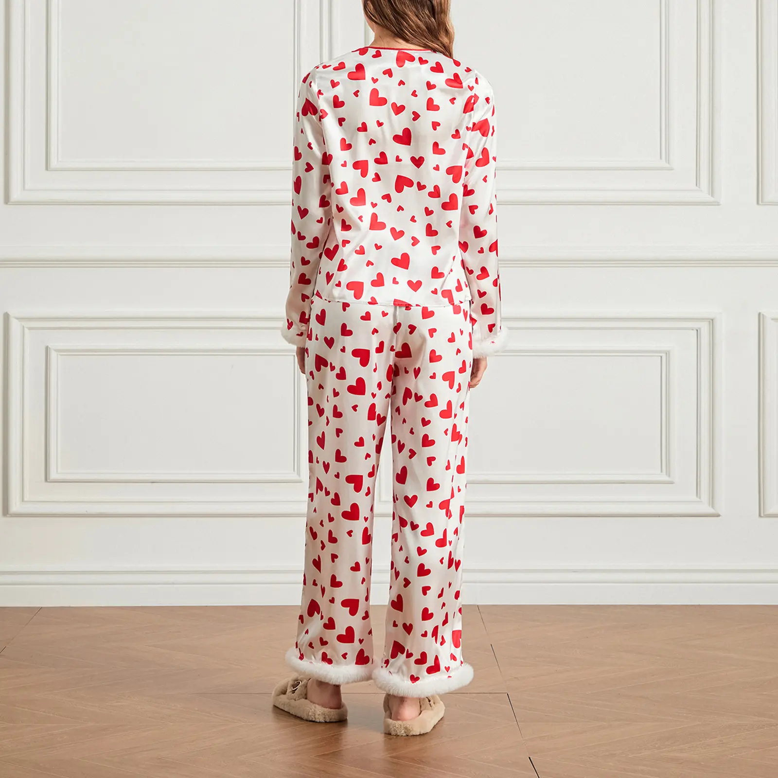 Women's Valentine's Day Lounge Set Long Sleeve Button Up Heart Print Tops Pants Sleepwear Sets