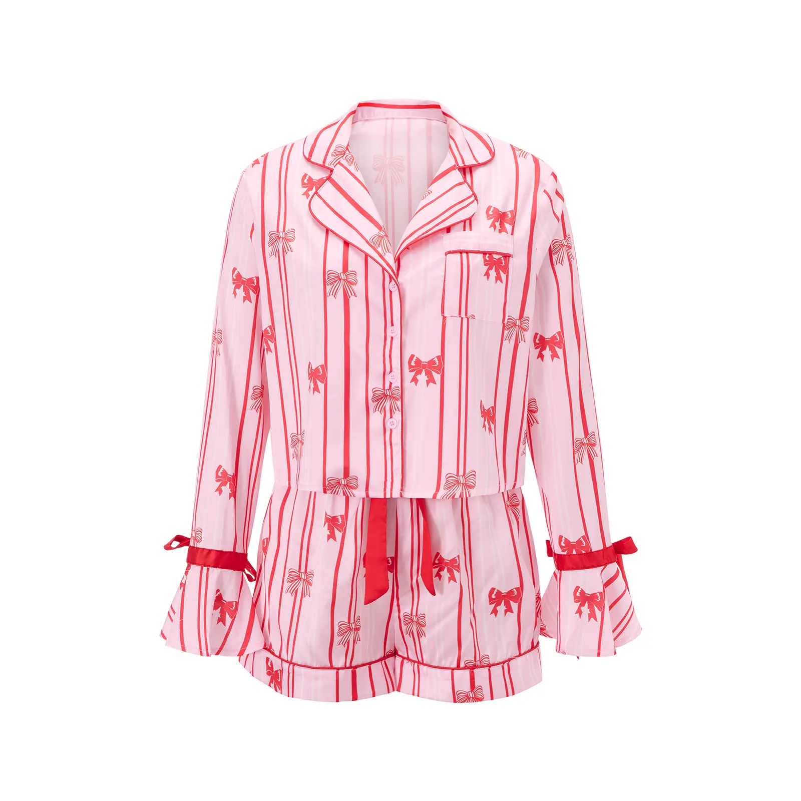 Women's 2 Piece Lounge Set Long Sleeve Lapel Bow Print Button Up Striped Tops Shorts Sleepwear Sets