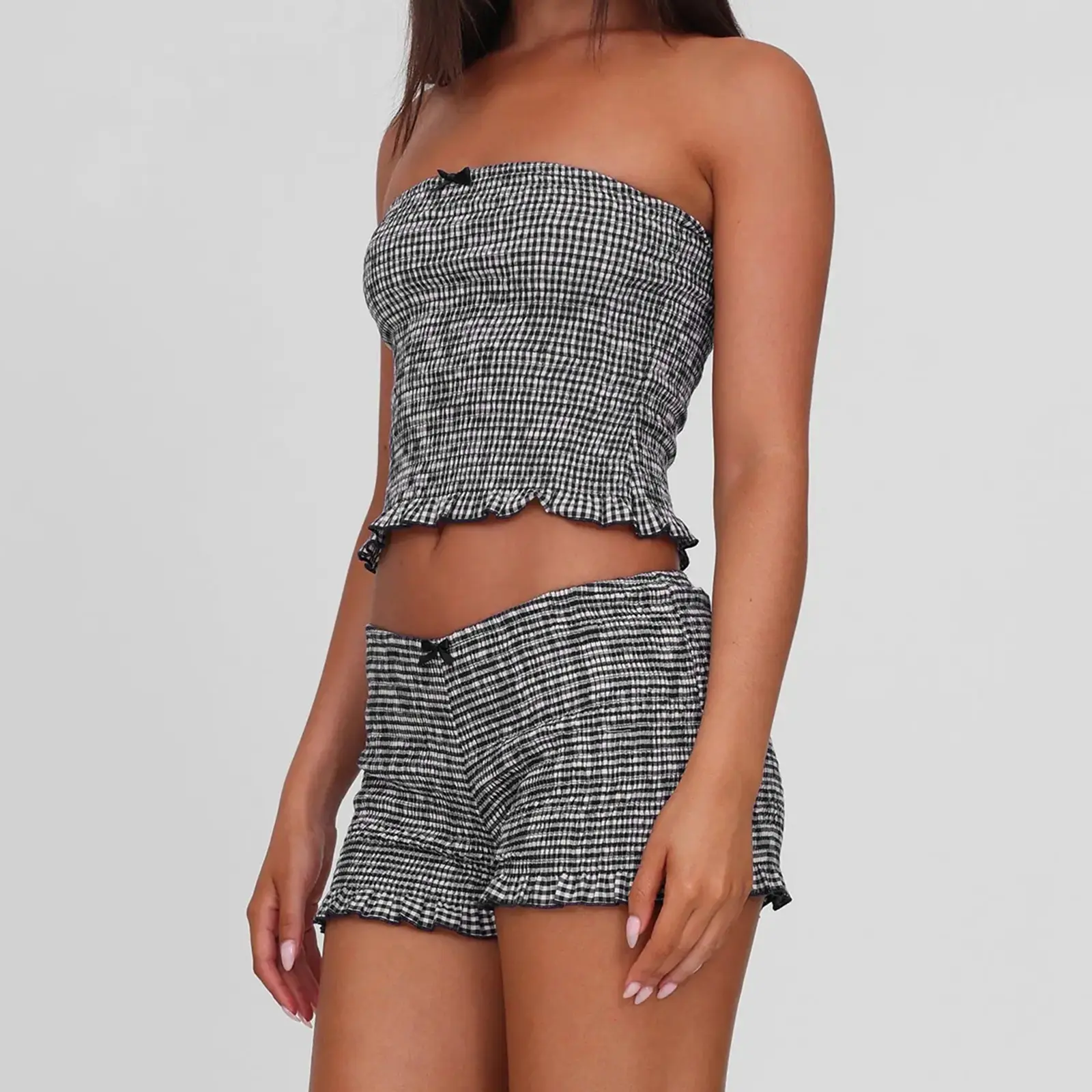 Plaid Smocked Pajama Sets for Women Summer Strapless Sleeveless Crop Tube Tops and Shorts Slim Fit Soft Sleepwear