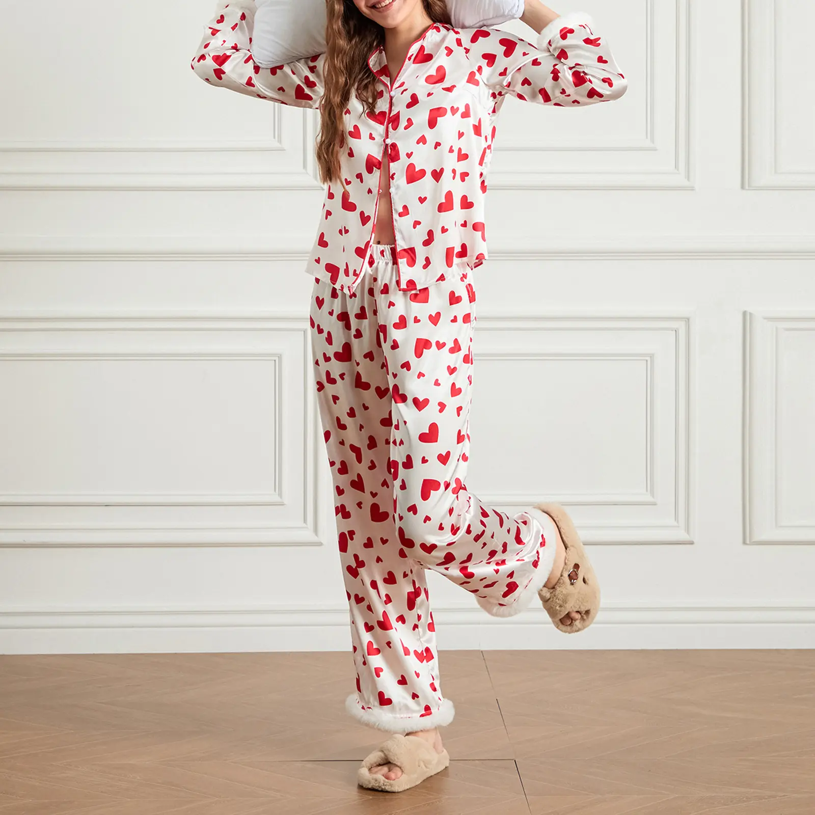 Women's Valentine's Day Lounge Set Long Sleeve Button Up Heart Print Tops Pants Sleepwear Sets