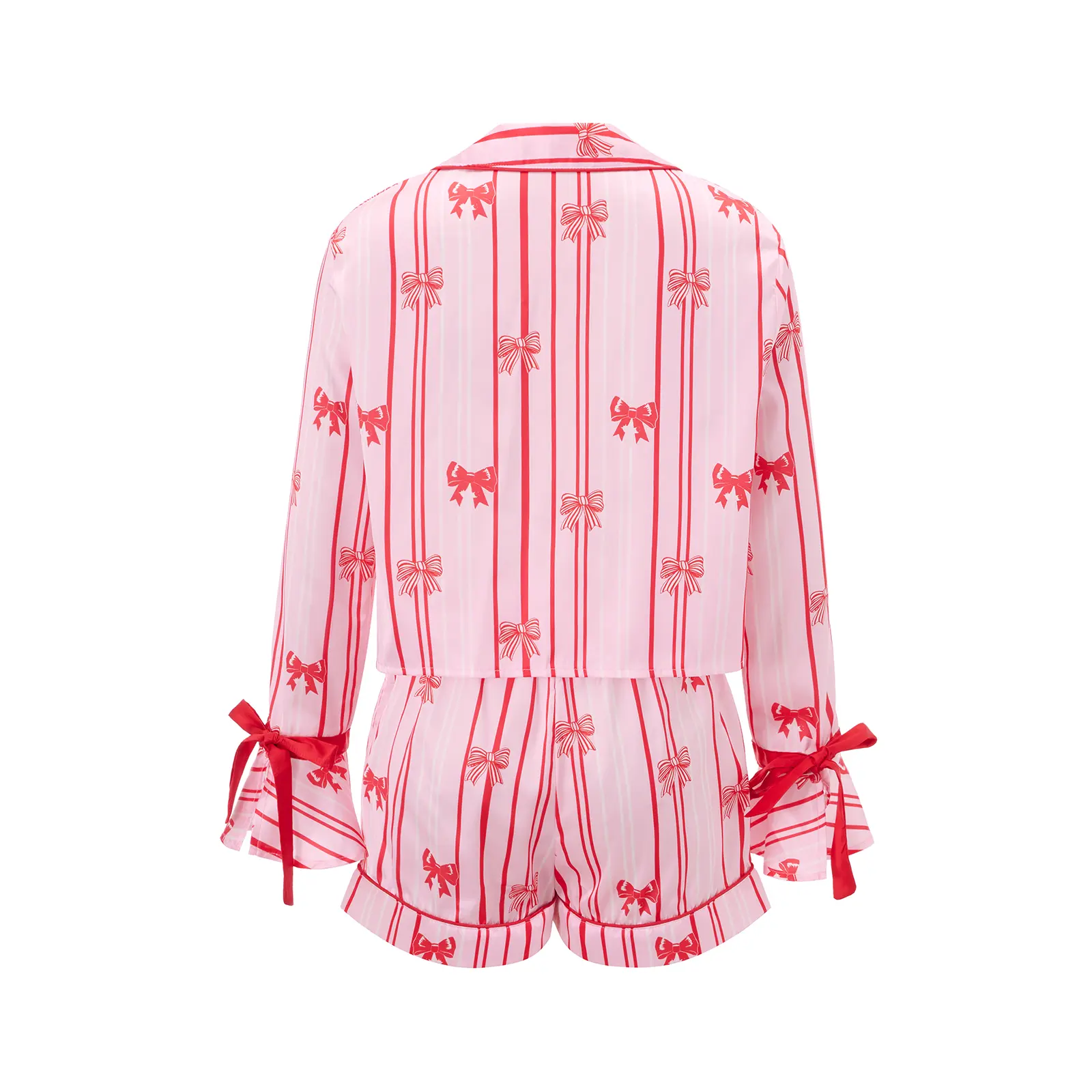 Women's 2 Piece Lounge Set Long Sleeve Lapel Bow Print Button Up Striped Tops Shorts Sleepwear Sets