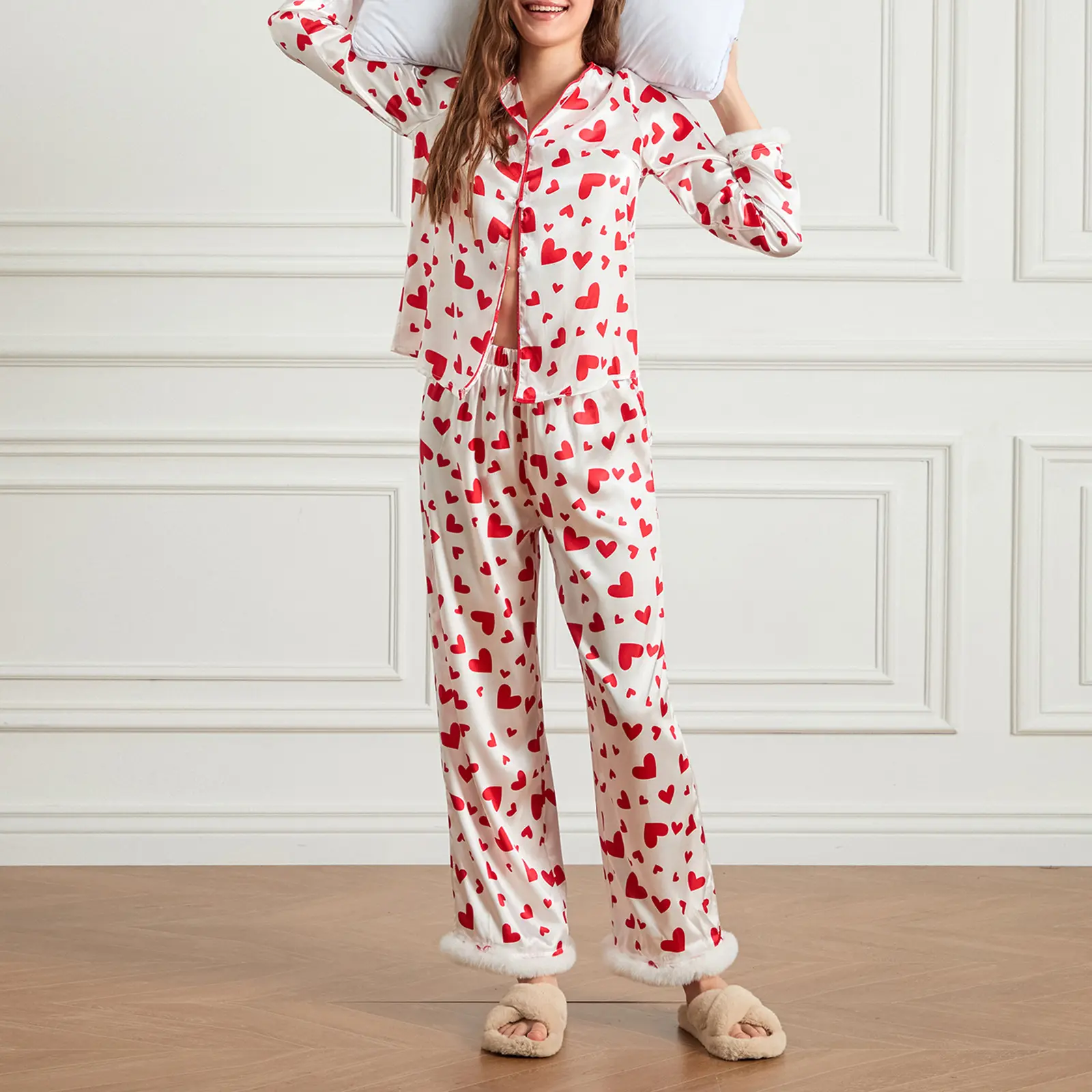 Women's Valentine's Day Lounge Set Long Sleeve Button Up Heart Print Tops Pants Sleepwear Sets