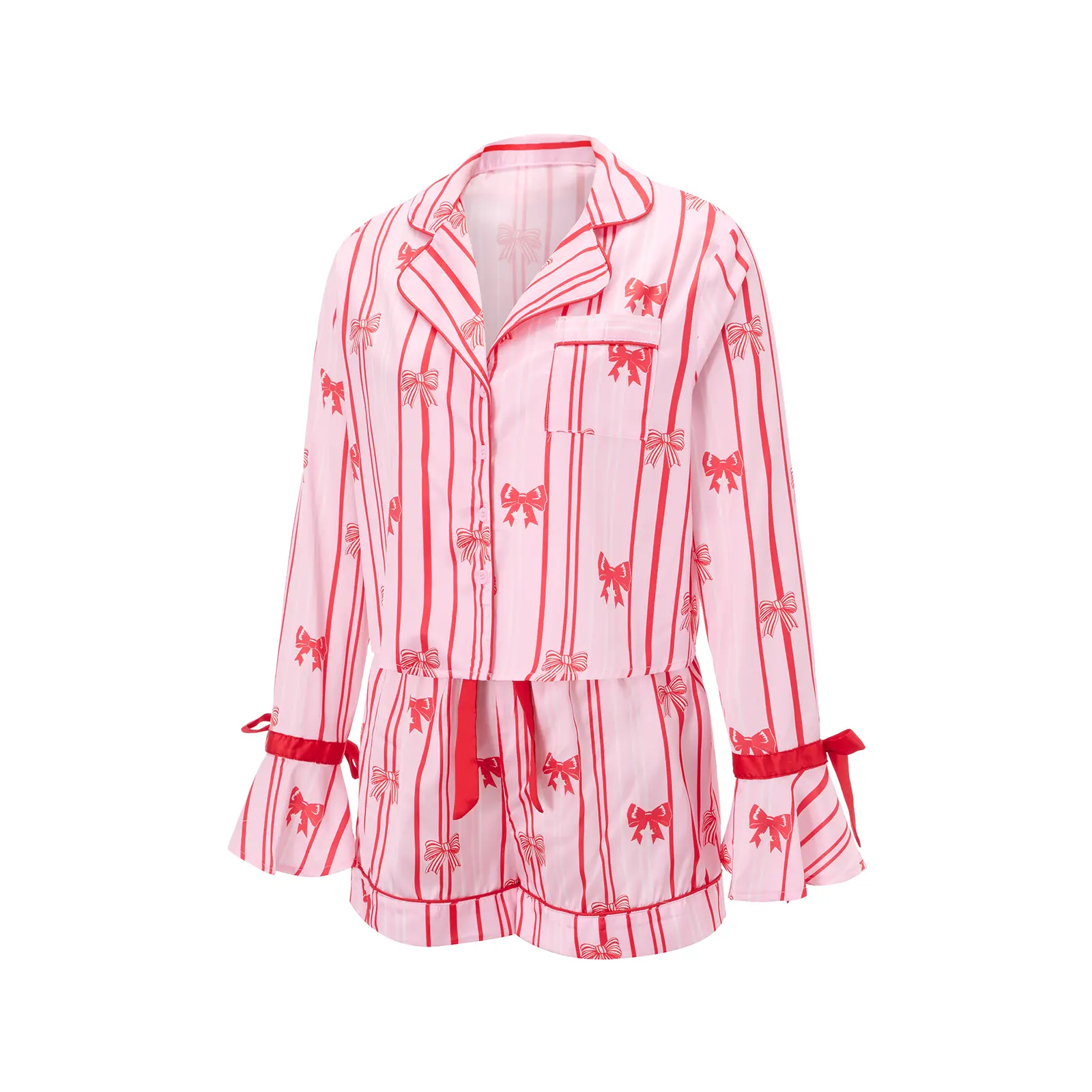 Women's 2 Piece Lounge Set Long Sleeve Lapel Bow Print Button Up Striped Tops Shorts Sleepwear Sets