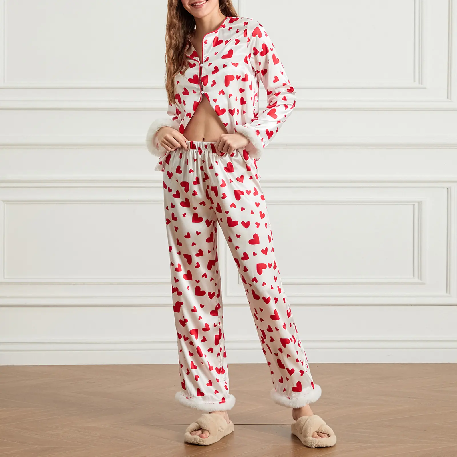 Women's Valentine's Day Lounge Set Long Sleeve Button Up Heart Print Tops Pants Sleepwear Sets