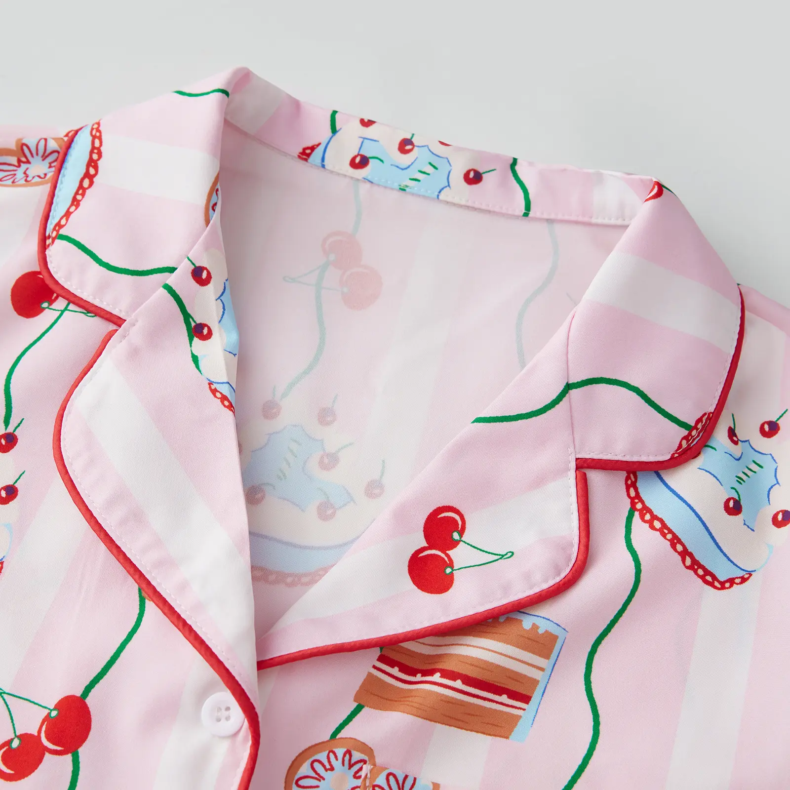 Women's Summer Loungewear Set Cake Cherry Print Short Sleeve Lapel Tops with Elastic Waist Shorts Sleepwear