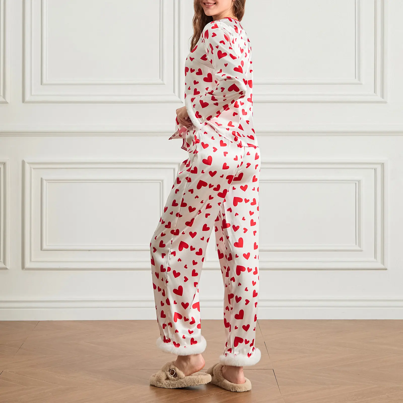 Women's Valentine's Day Lounge Set Long Sleeve Button Up Heart Print Tops Pants Sleepwear Sets