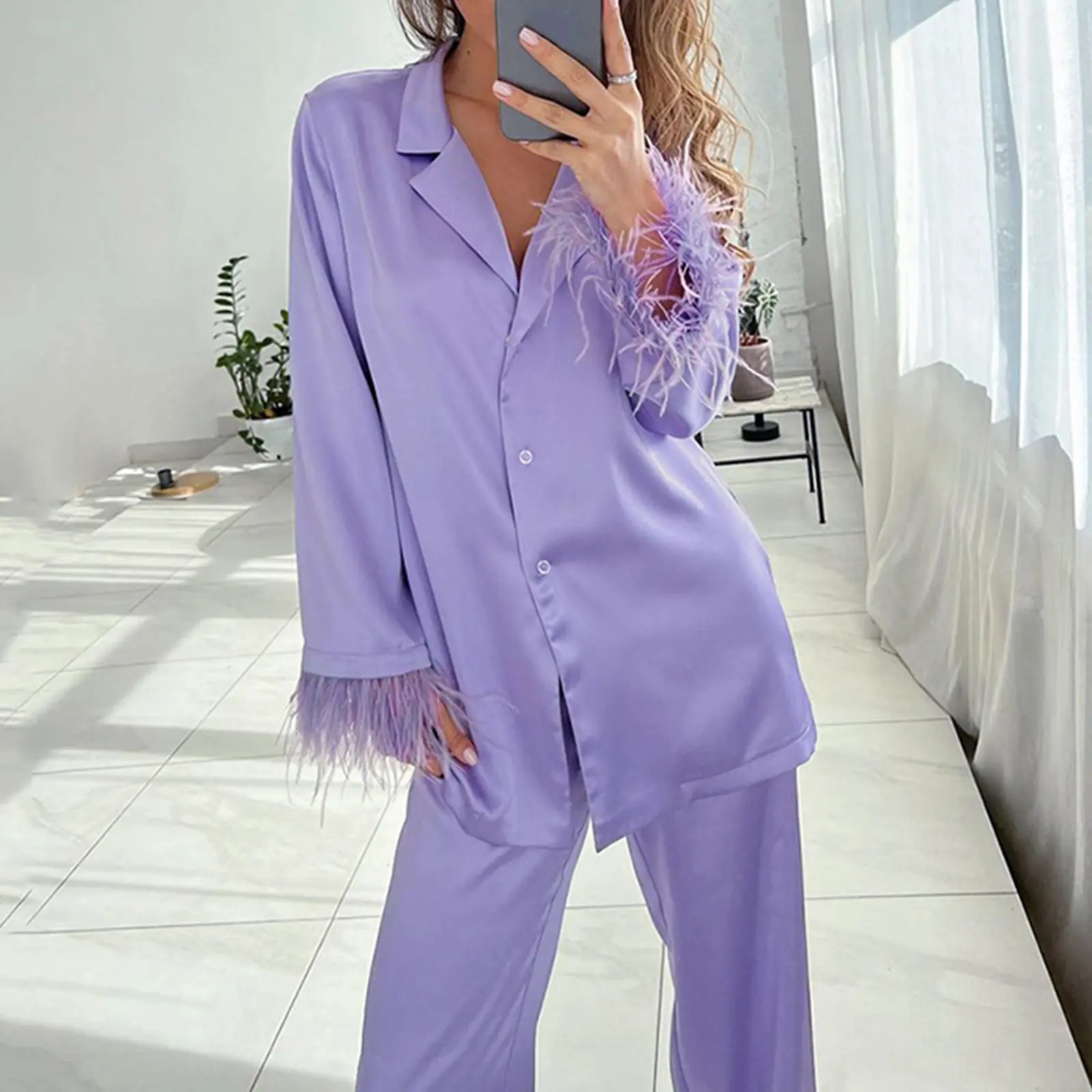 Women's Spring Loungewear Set, Solid Color Feather Cuff Long Sleeve Lapel Shirt with Elastic Waist Pants 2 Pieces Sleepwear