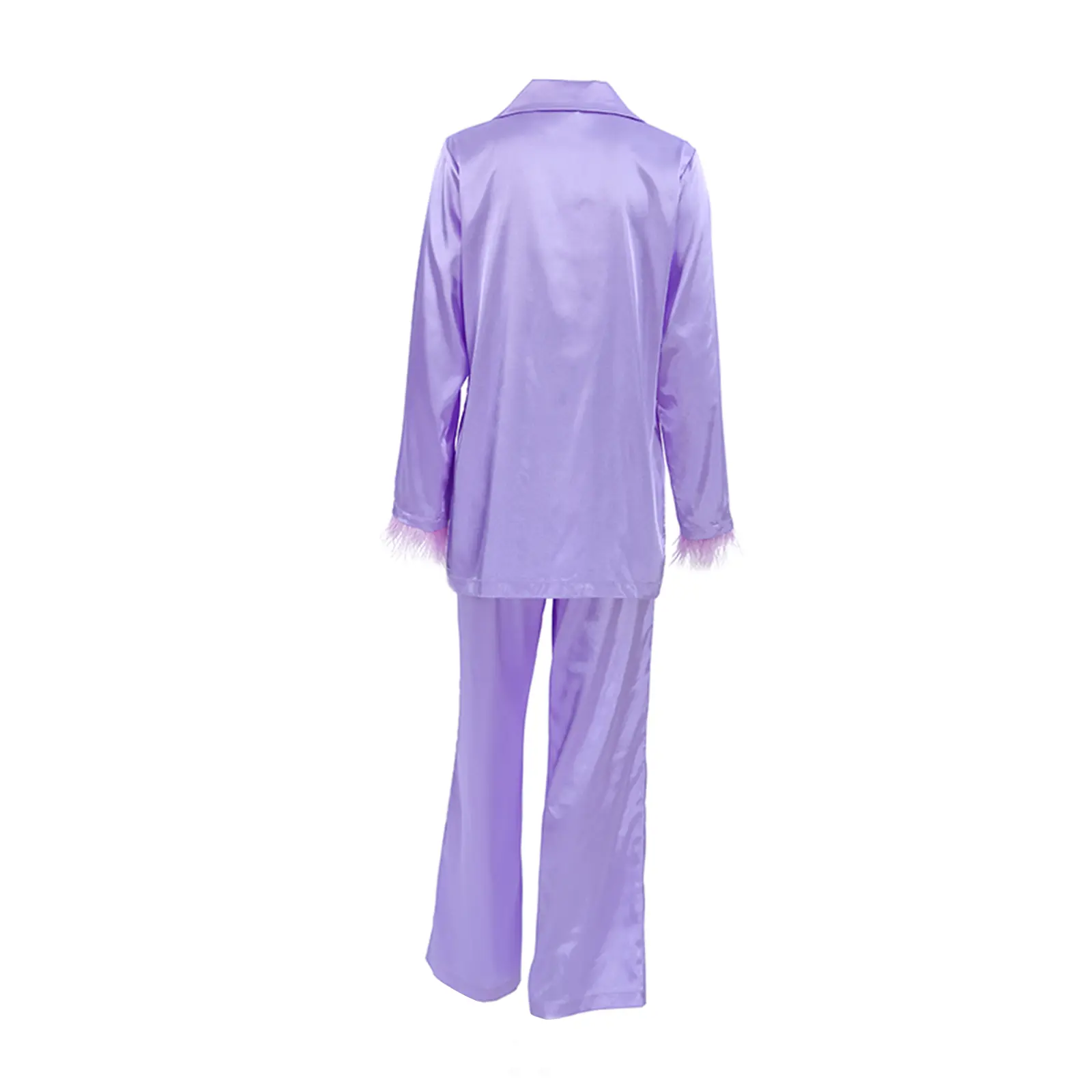 Women's Spring Loungewear Set, Solid Color Feather Cuff Long Sleeve Lapel Shirt with Elastic Waist Pants 2 Pieces Sleepwear
