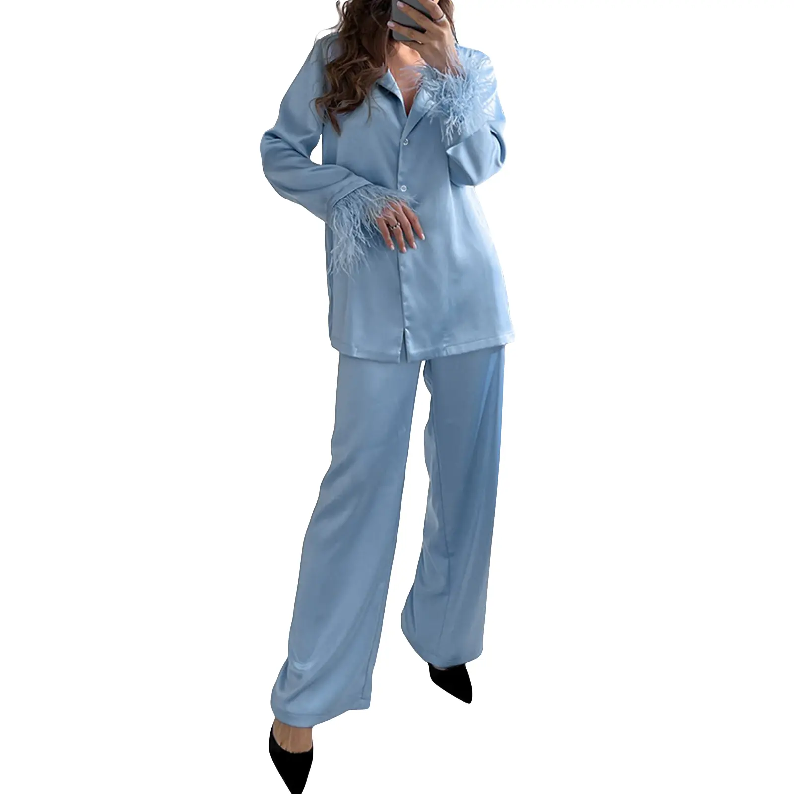 Women's Spring Loungewear Set, Solid Color Feather Cuff Long Sleeve Lapel Shirt with Elastic Waist Pants 2 Pieces Sleepwear