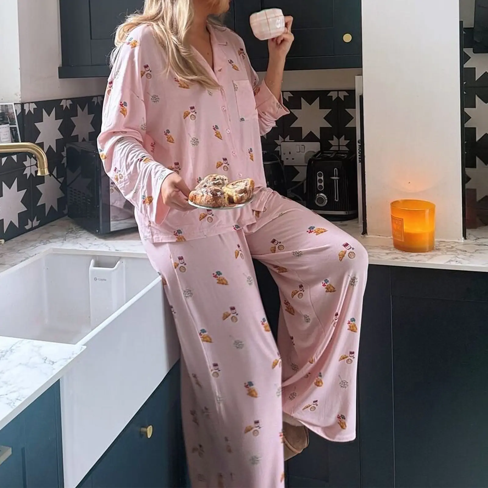 Women’s 2 Piece Pajama Set Long Sleeve Breakfast Print Pocket Shirt + Pants Set Loungewear