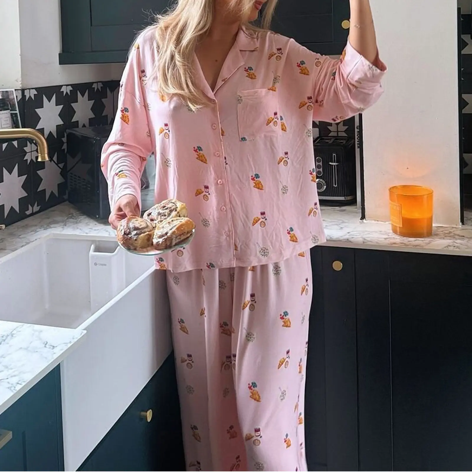 Women’s 2 Piece Pajama Set Long Sleeve Breakfast Print Pocket Shirt + Pants Set Loungewear