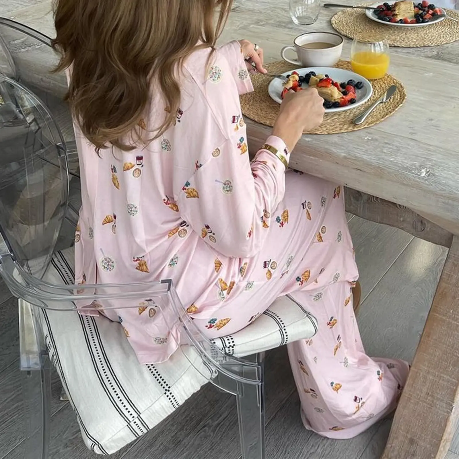 Women’s 2 Piece Pajama Set Long Sleeve Breakfast Print Pocket Shirt + Pants Set Loungewear
