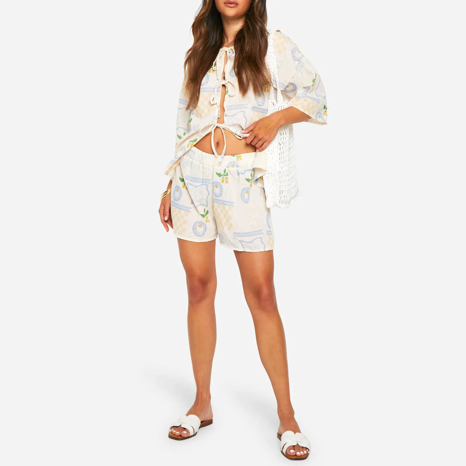 Women Pajamas Set 2 Pieces Loungewear Suits Postcard Print Front Tie-Up Short Sleeve Loose Tops and Shorts Sleepwear Outfits