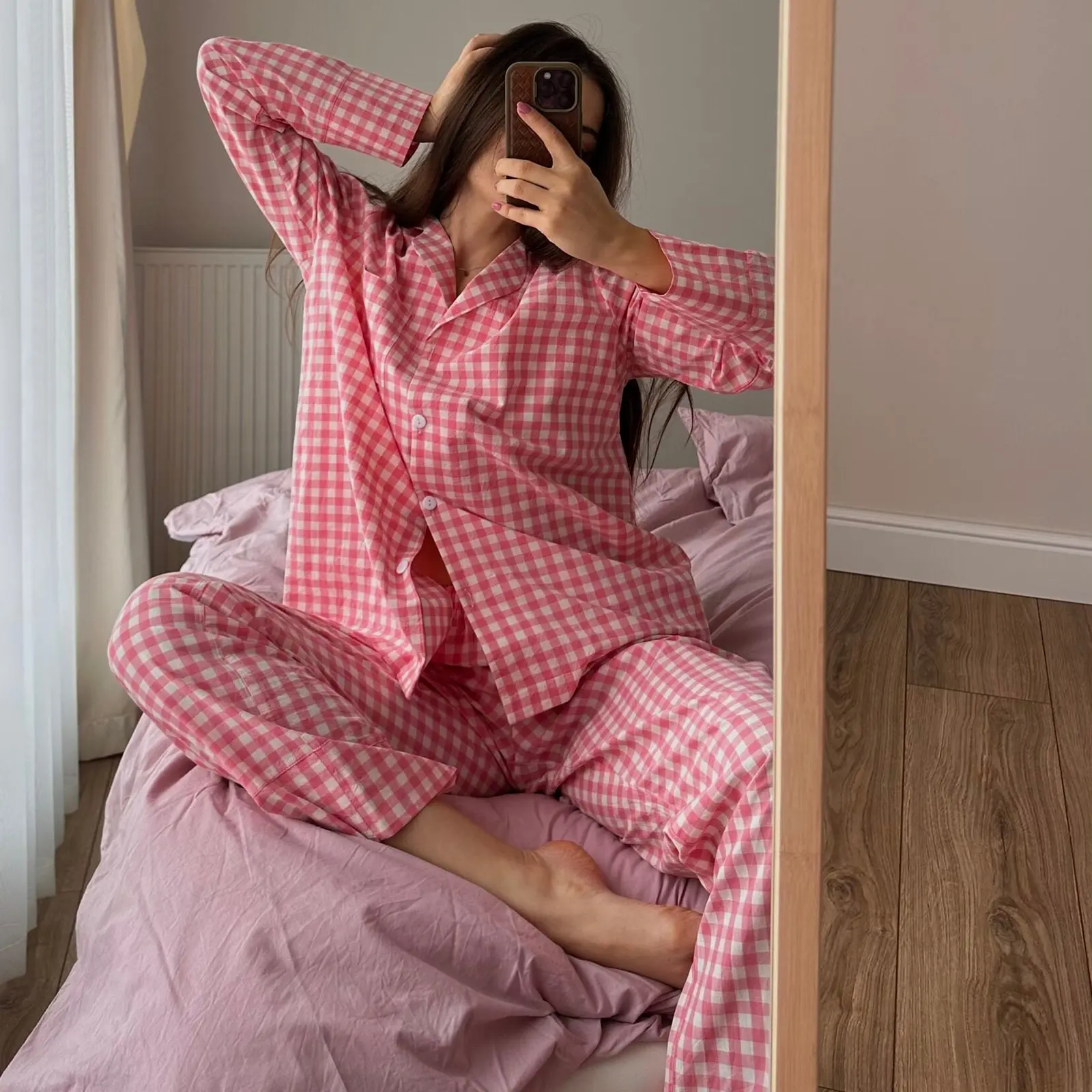 Women Plaid Print Pajama Set Lapel Neck Button-up Long Sleeve Tops Long Pants 2-Piece Loungewear Outfit
