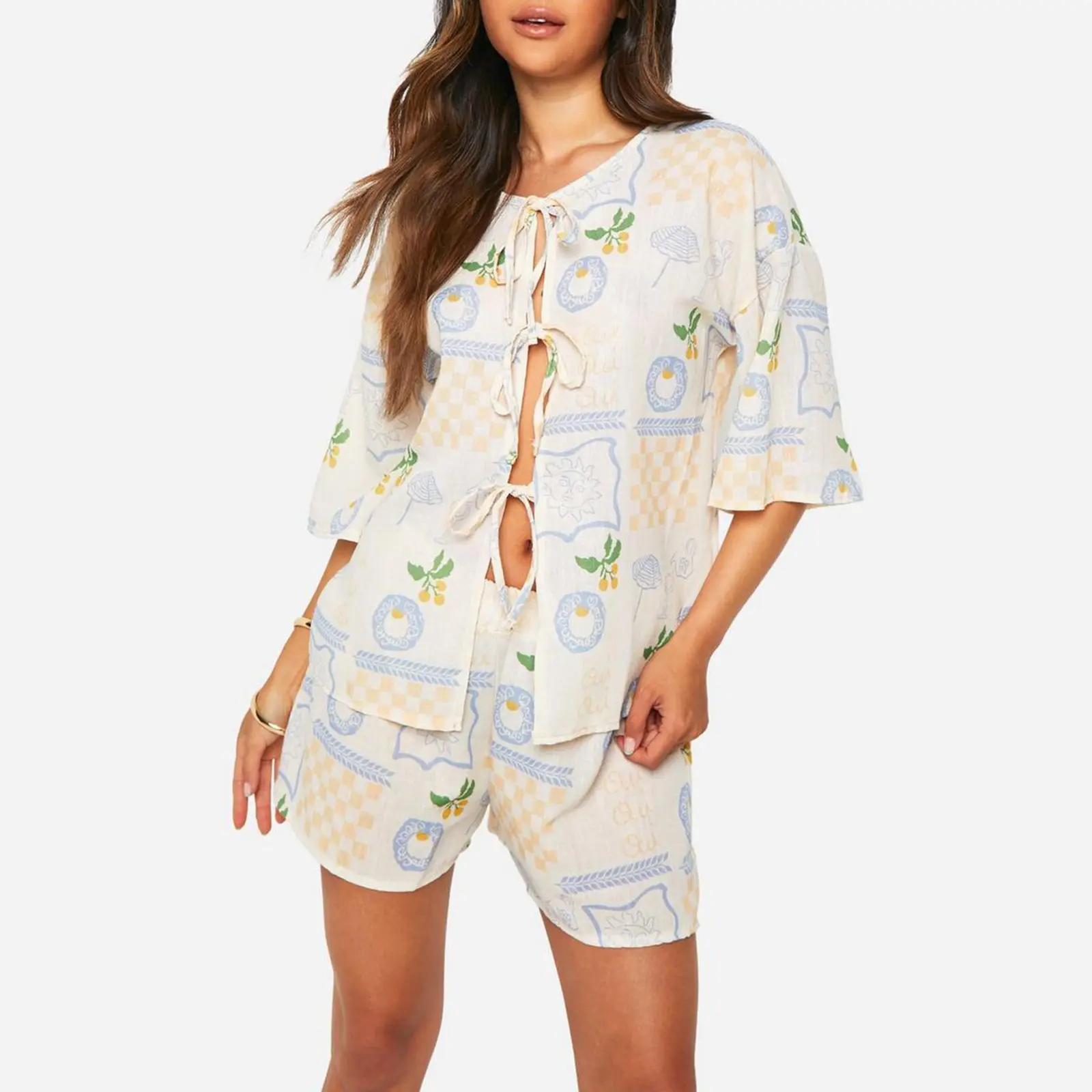Women Pajamas Set 2 Pieces Loungewear Suits Postcard Print Front Tie-Up Short Sleeve Loose Tops and Shorts Sleepwear Outfits