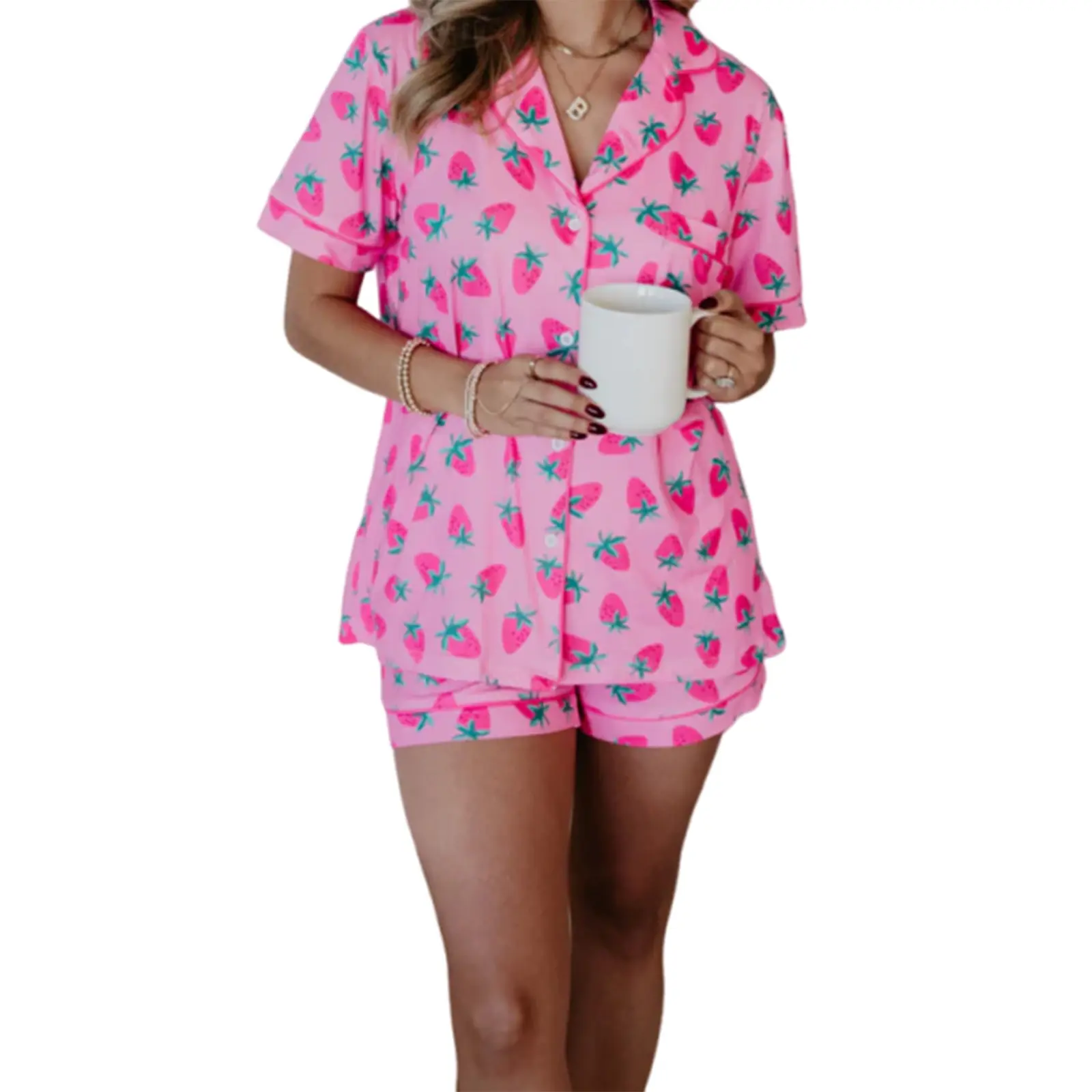 Women's Summer Lounge Set Short Sleeve Lapel Bow/Strawberry Print Shirt Shorts Sleepwear Sets