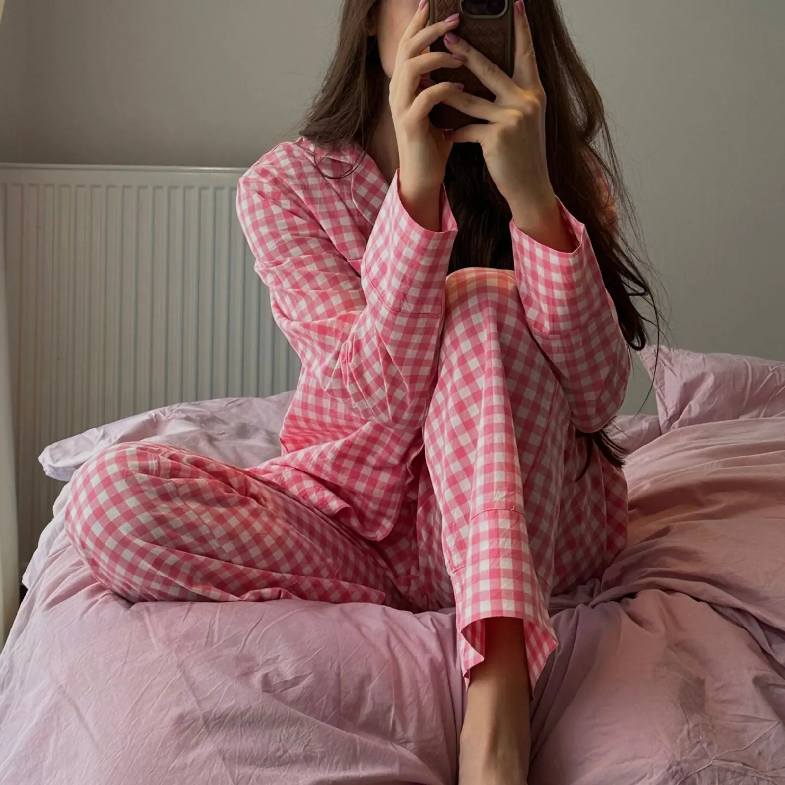Women Plaid Print Pajama Set Lapel Neck Button-up Long Sleeve Tops Long Pants 2-Piece Loungewear Outfit