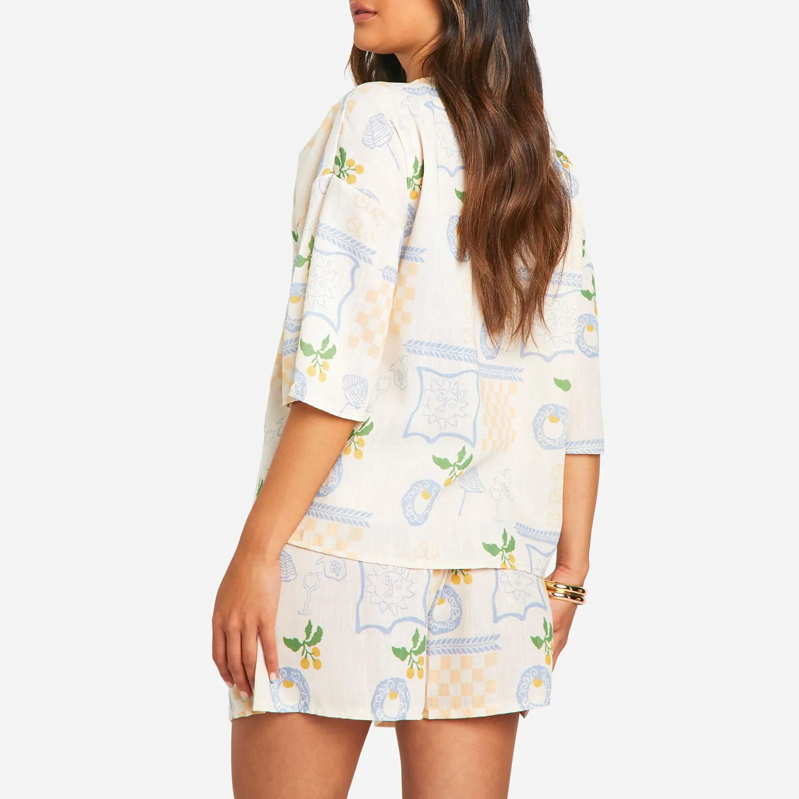 Women Pajamas Set 2 Pieces Loungewear Suits Postcard Print Front Tie-Up Short Sleeve Loose Tops and Shorts Sleepwear Outfits