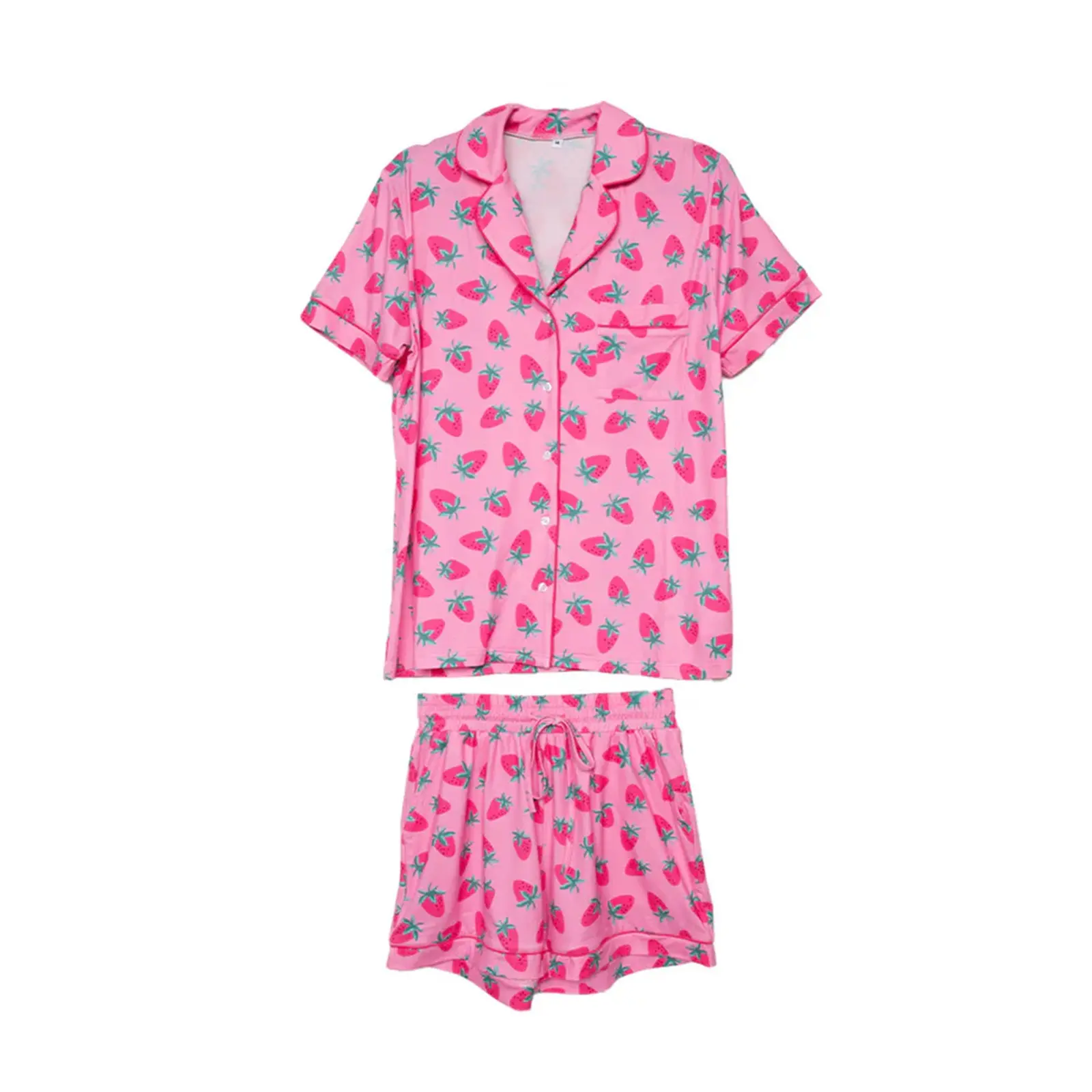 Women's Summer Lounge Set Short Sleeve Lapel Bow/Strawberry Print Shirt Shorts Sleepwear Sets