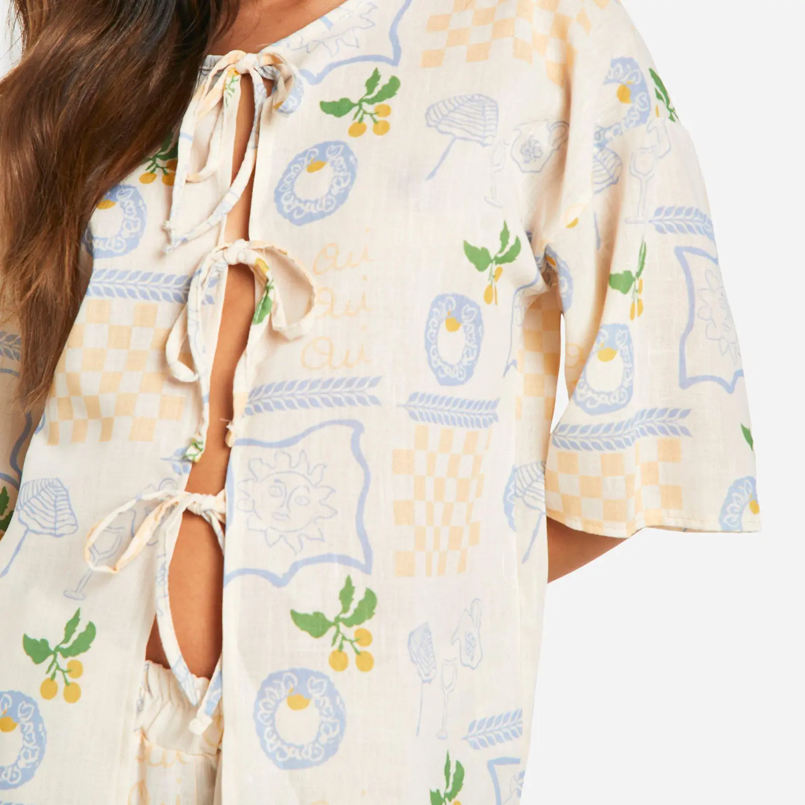 Women Pajamas Set 2 Pieces Loungewear Suits Postcard Print Front Tie-Up Short Sleeve Loose Tops and Shorts Sleepwear Outfits