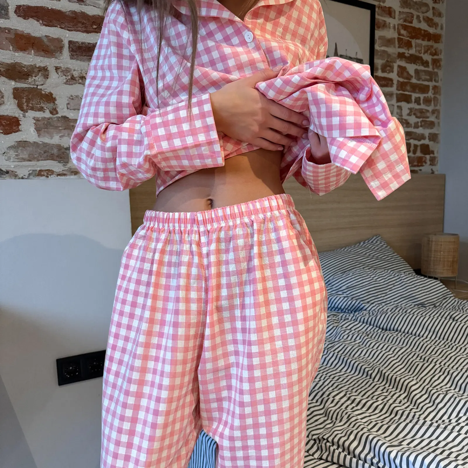 Women Plaid Print Pajama Set Lapel Neck Button-up Long Sleeve Tops Long Pants 2-Piece Loungewear Outfit