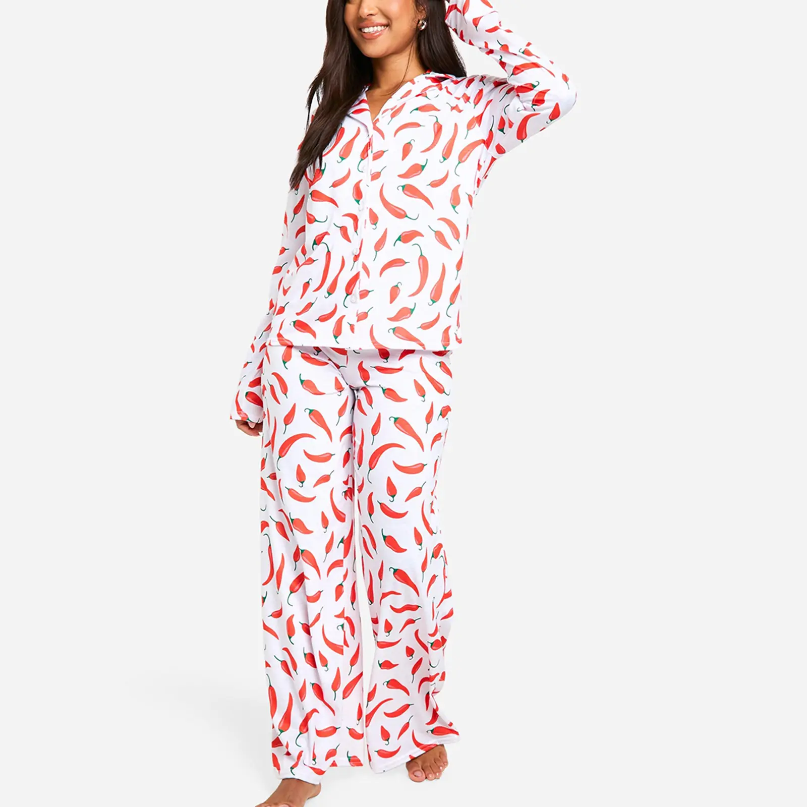Women's Chili Print Loungewear Set Long Sleeve Lapel Button Down Tops Long Pants Fall Sleepwear