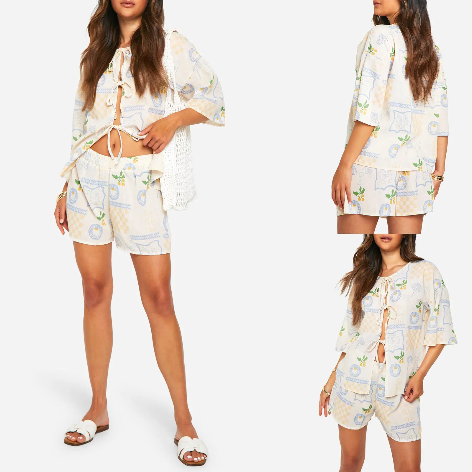 Women Pajamas Set 2 Pieces Loungewear Suits Postcard Print Front Tie-Up Short Sleeve Loose Tops and Shorts Sleepwear Outfits