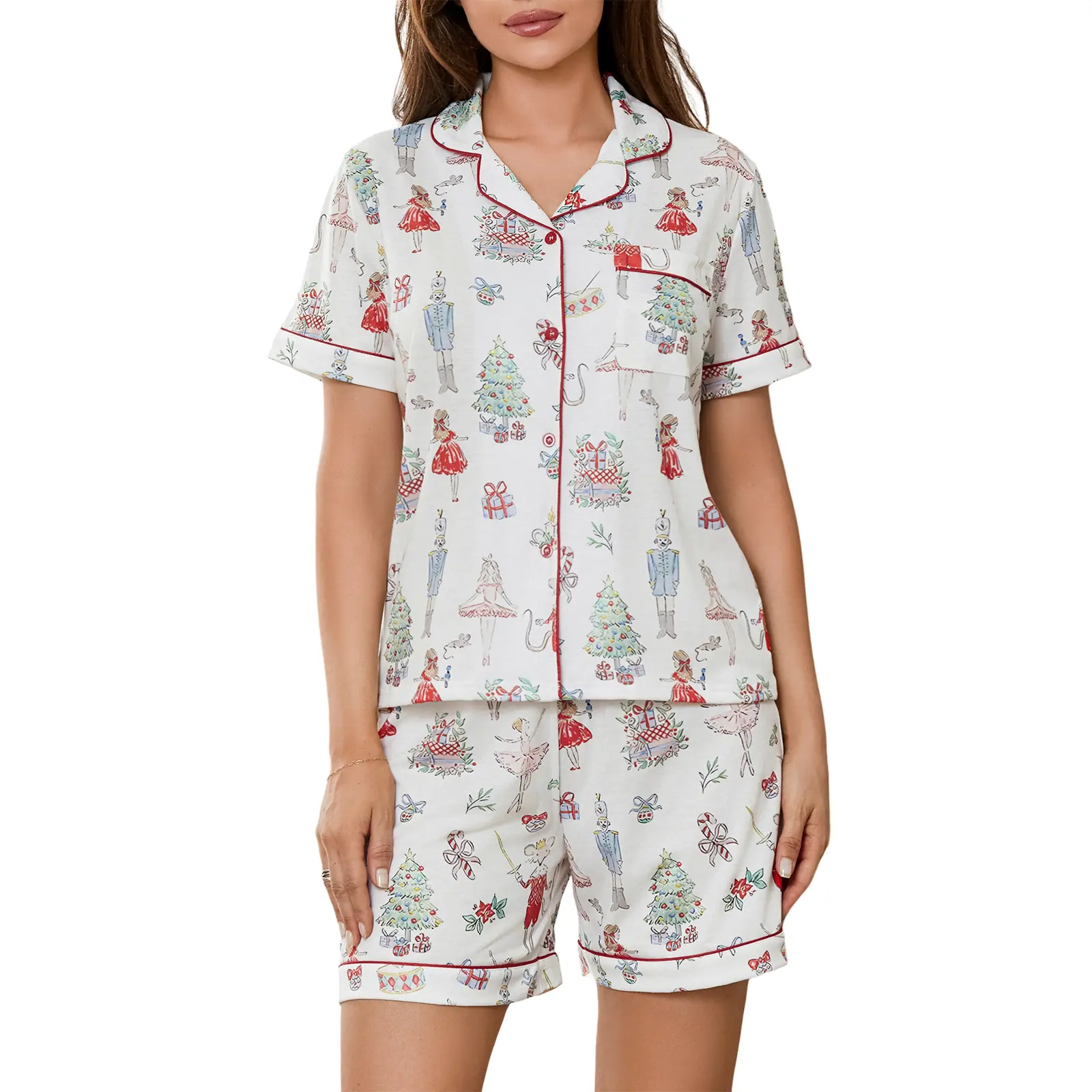 Women's 2 Piece Pajama Set, Lapel Neck Short Sleeve Button Down Tops + Elastic Waist Shorts Lounge Outfits for Summer