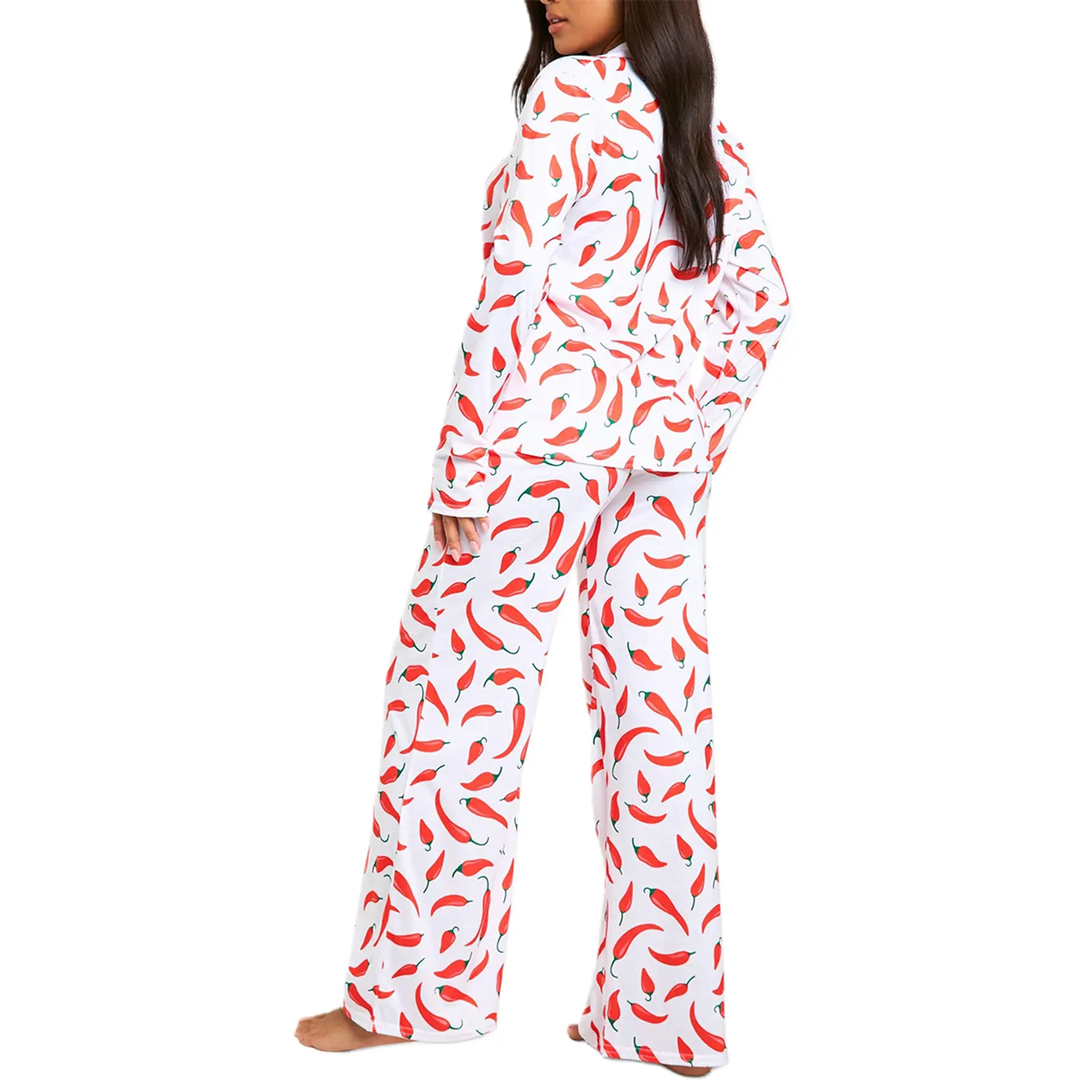 Women's Chili Print Loungewear Set Long Sleeve Lapel Button Down Tops Long Pants Fall Sleepwear
