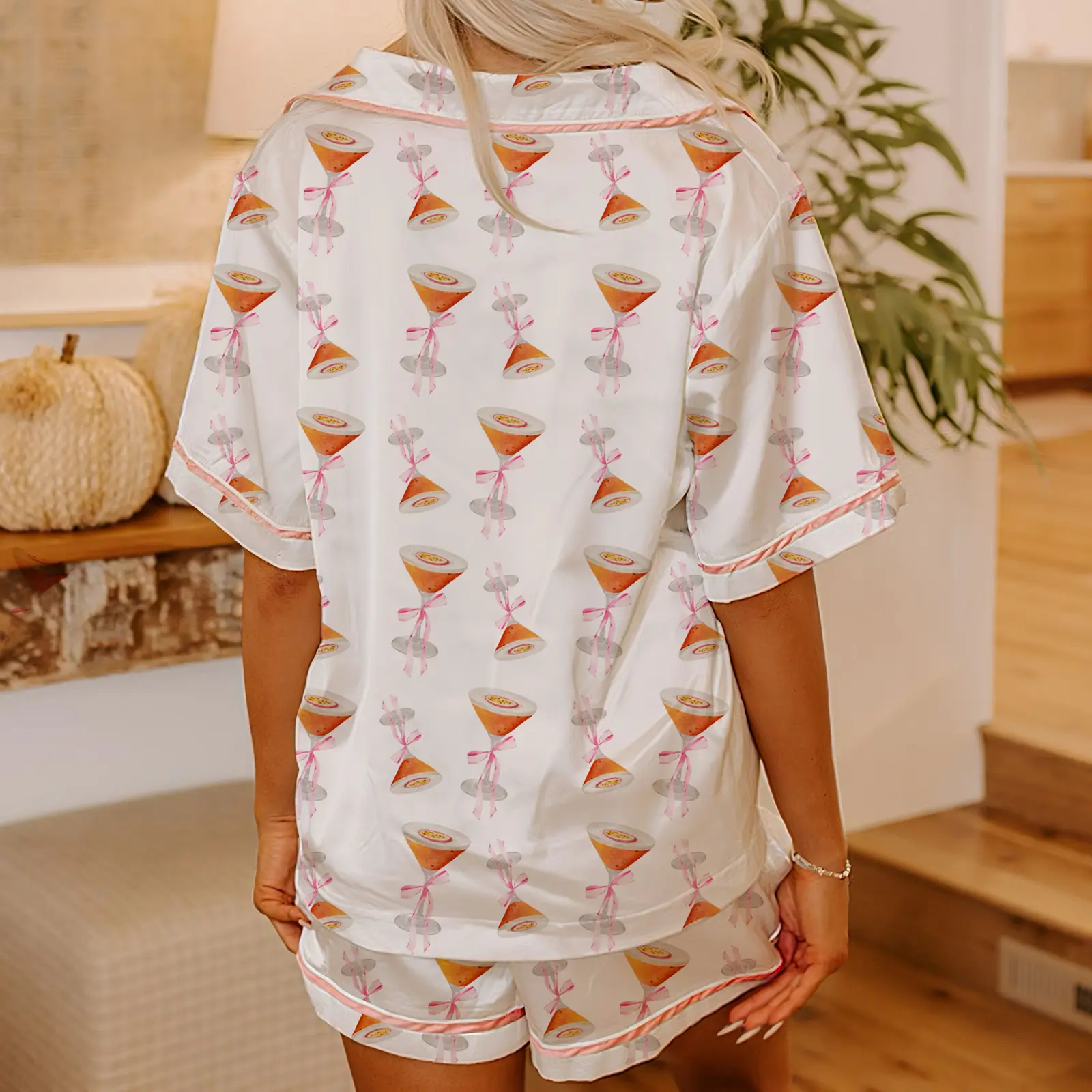 Women's Summer Pajamas Set Bow Print Lapel V Neck Short Sleeve Tops with Shorts Lounge Wear 2 Pcs Set