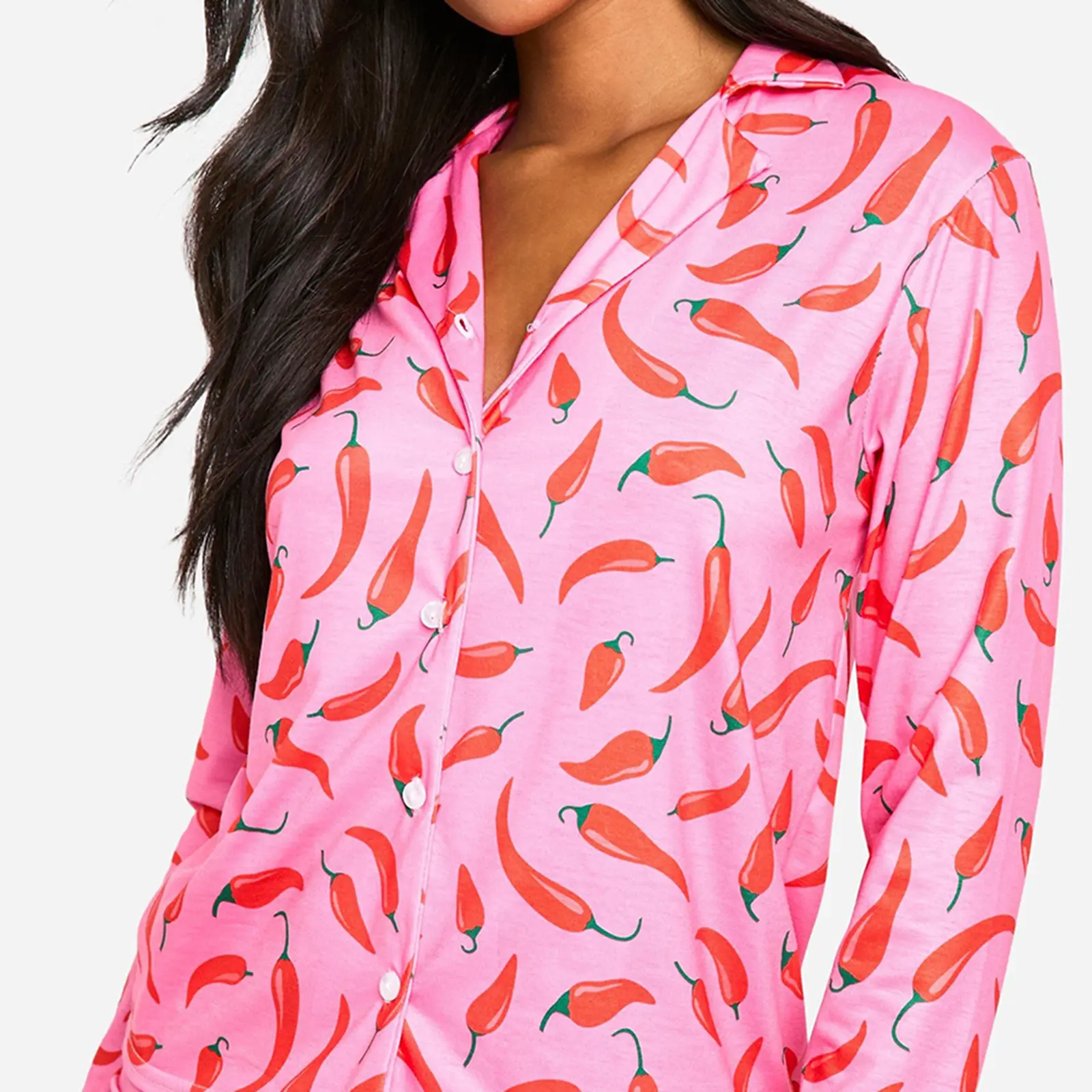 Women's Chili Print Loungewear Set Long Sleeve Lapel Button Down Tops Long Pants Fall Sleepwear