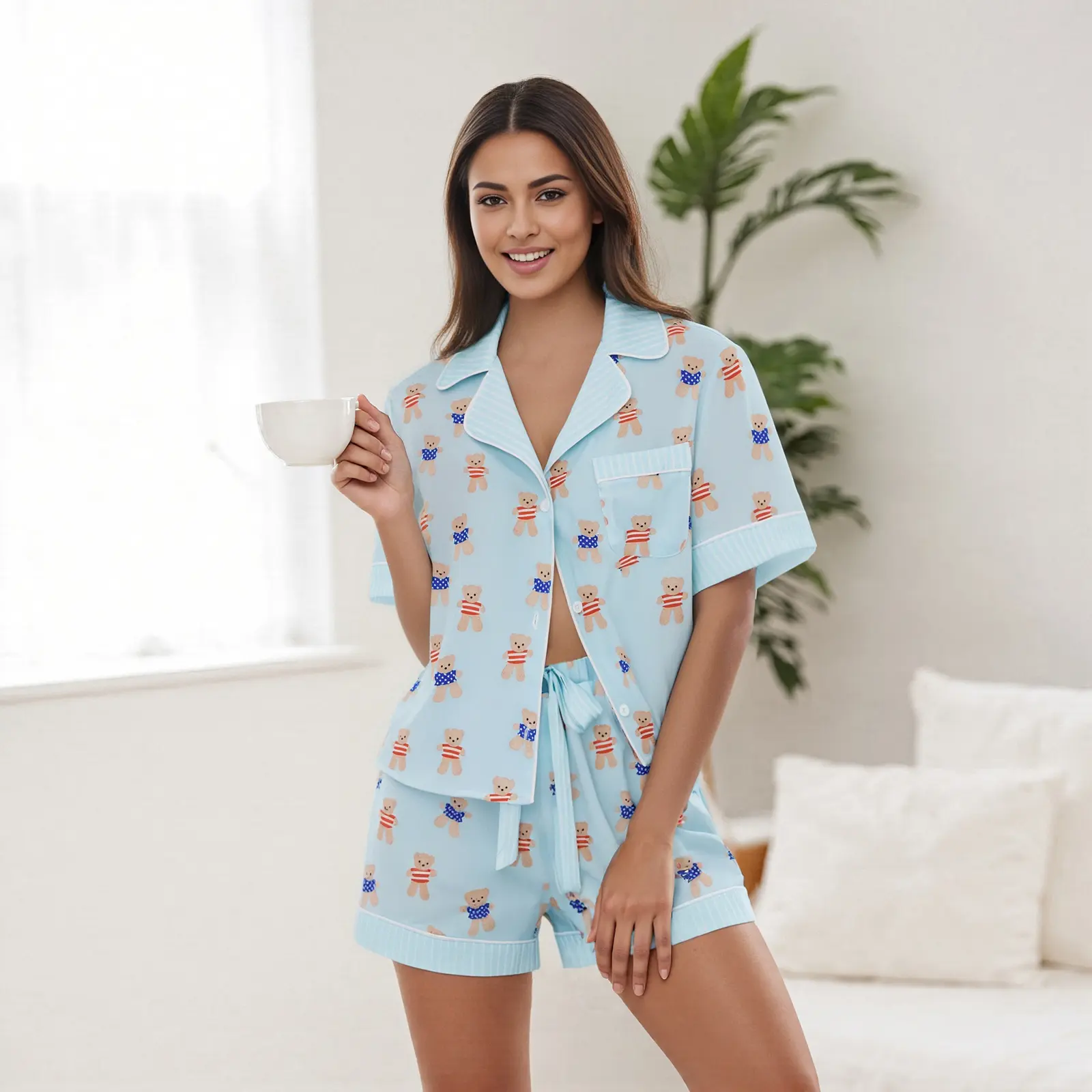 Women's Summer Pajamas Set Cartoon Bear Print Lapel V Neck Short Sleeve Tops with Shorts Lounge Wear 2 Pcs Set