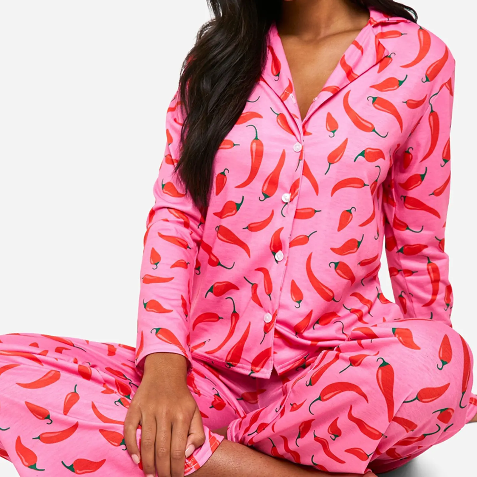 Women's Chili Print Loungewear Set Long Sleeve Lapel Button Down Tops Long Pants Fall Sleepwear