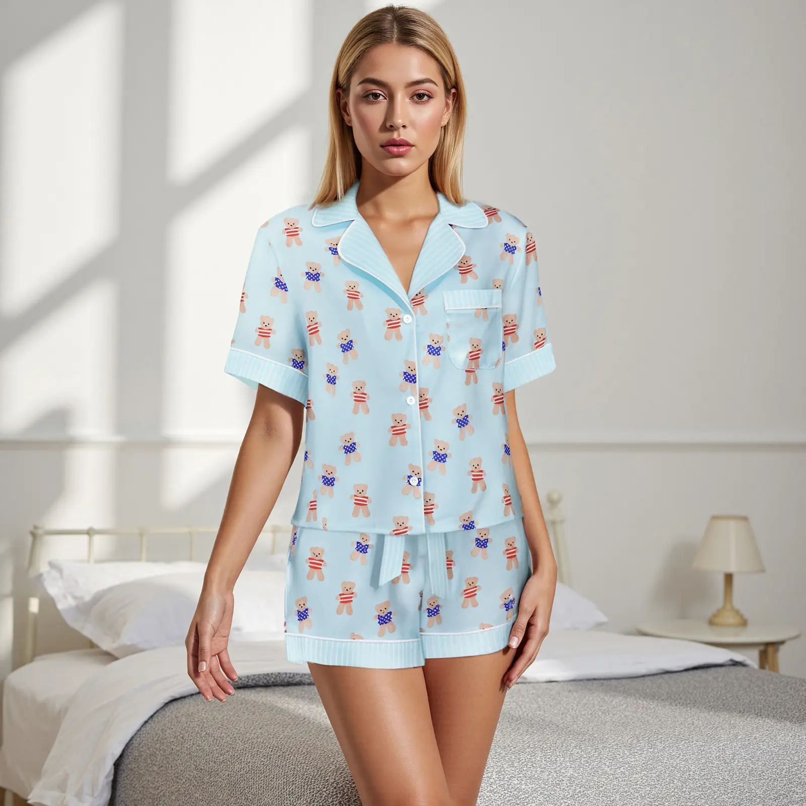Women's Summer Pajamas Set Cartoon Bear Print Lapel V Neck Short Sleeve Tops with Shorts Lounge Wear 2 Pcs Set