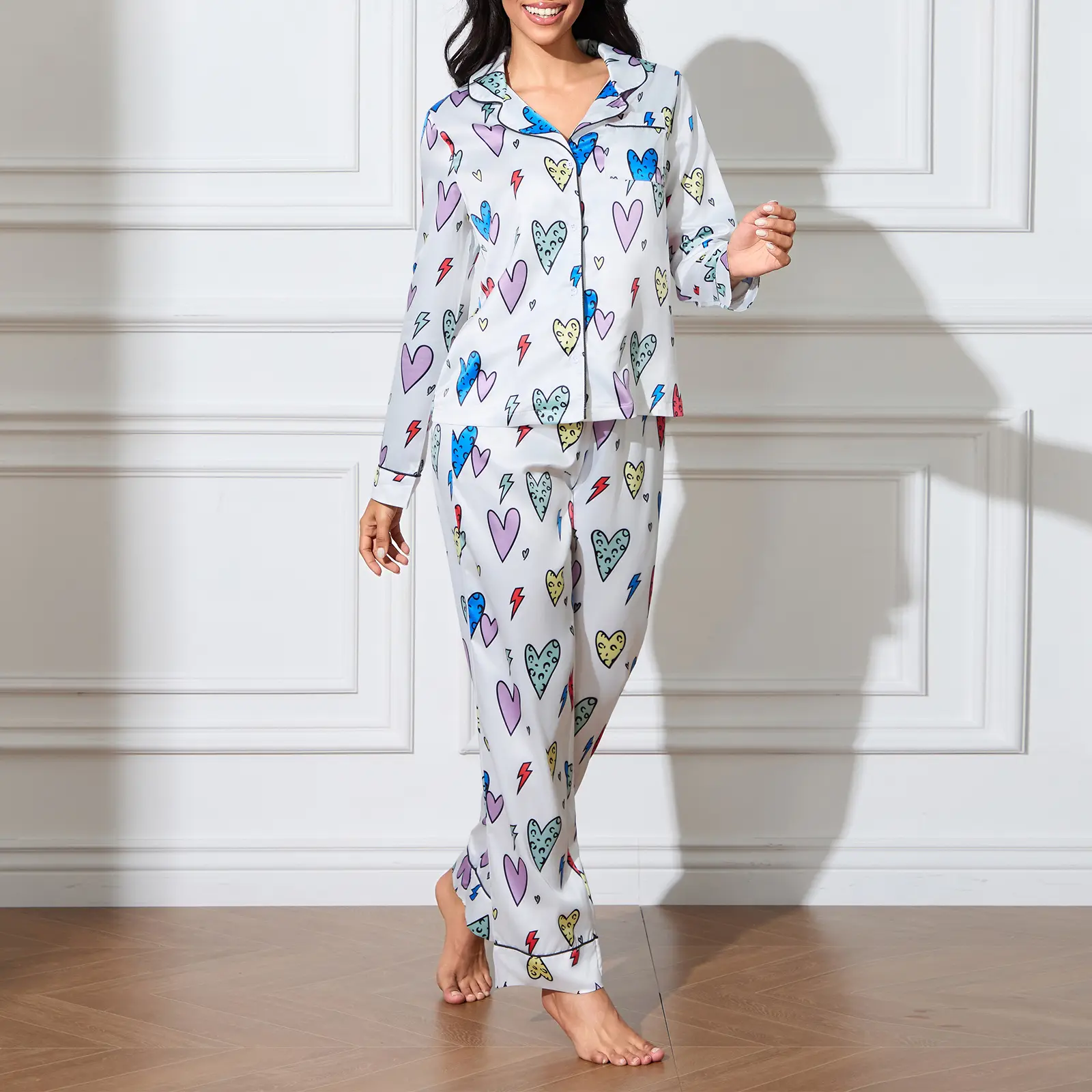 Women's Fall Pajamas Set Love Heart Pattern Button Down Long Sleeve V-Neck Tops with Pants Lounge Wear 2 Pcs Set