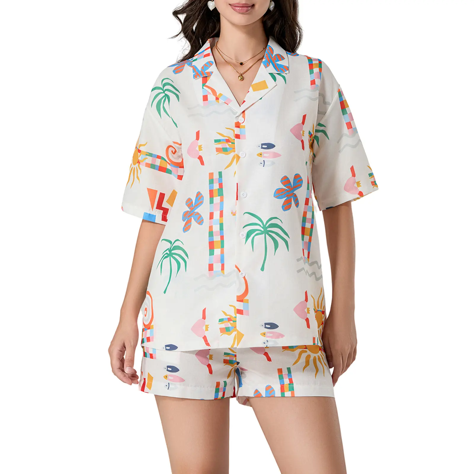 Women’s Casual 2 Piece Prairie Chic Outfits Short Sleeve Sun Print Button Up Shirt + Drawstring Shorts Set Loungewear