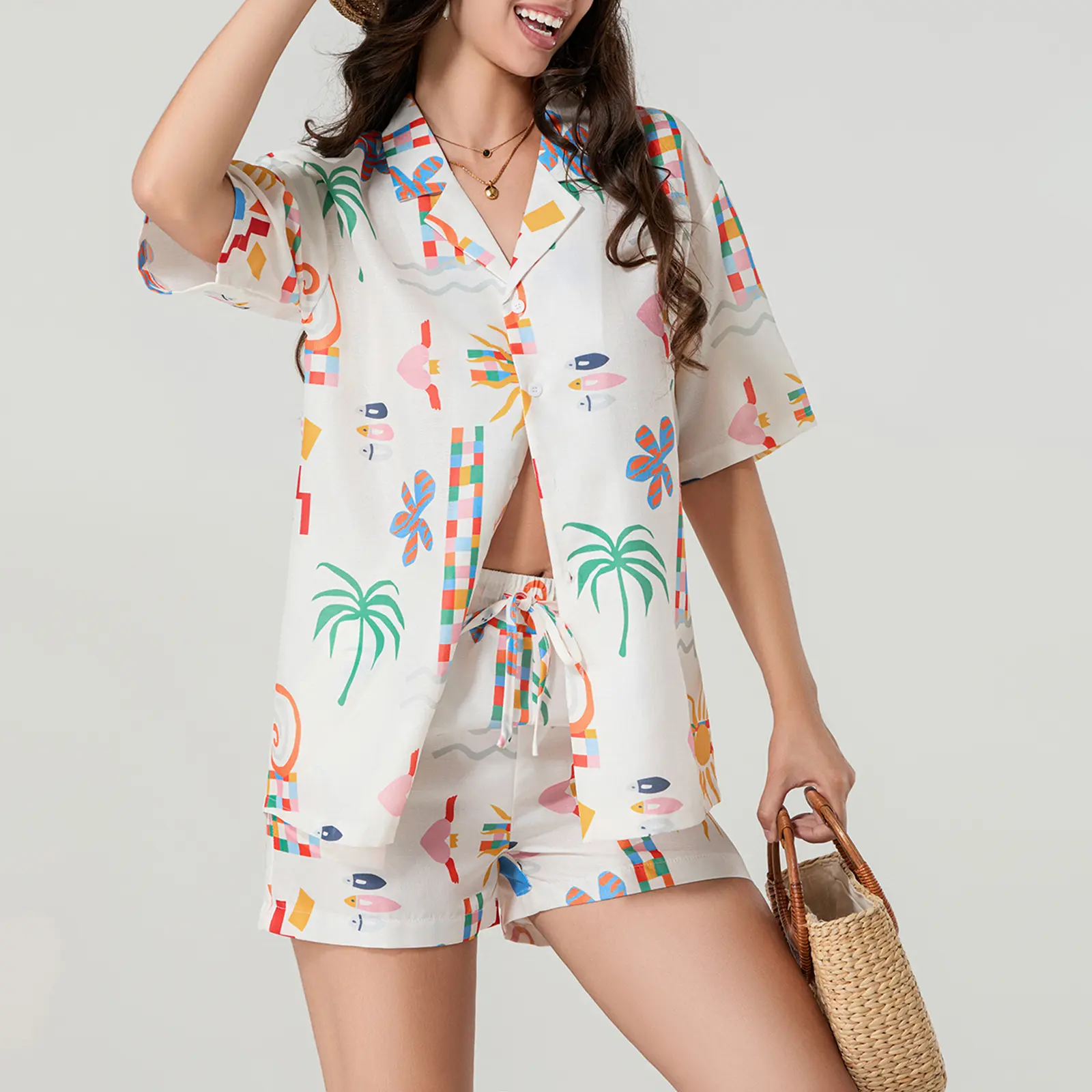 Women’s Casual 2 Piece Prairie Chic Outfits Short Sleeve Sun Print Button Up Shirt + Drawstring Shorts Set Loungewear