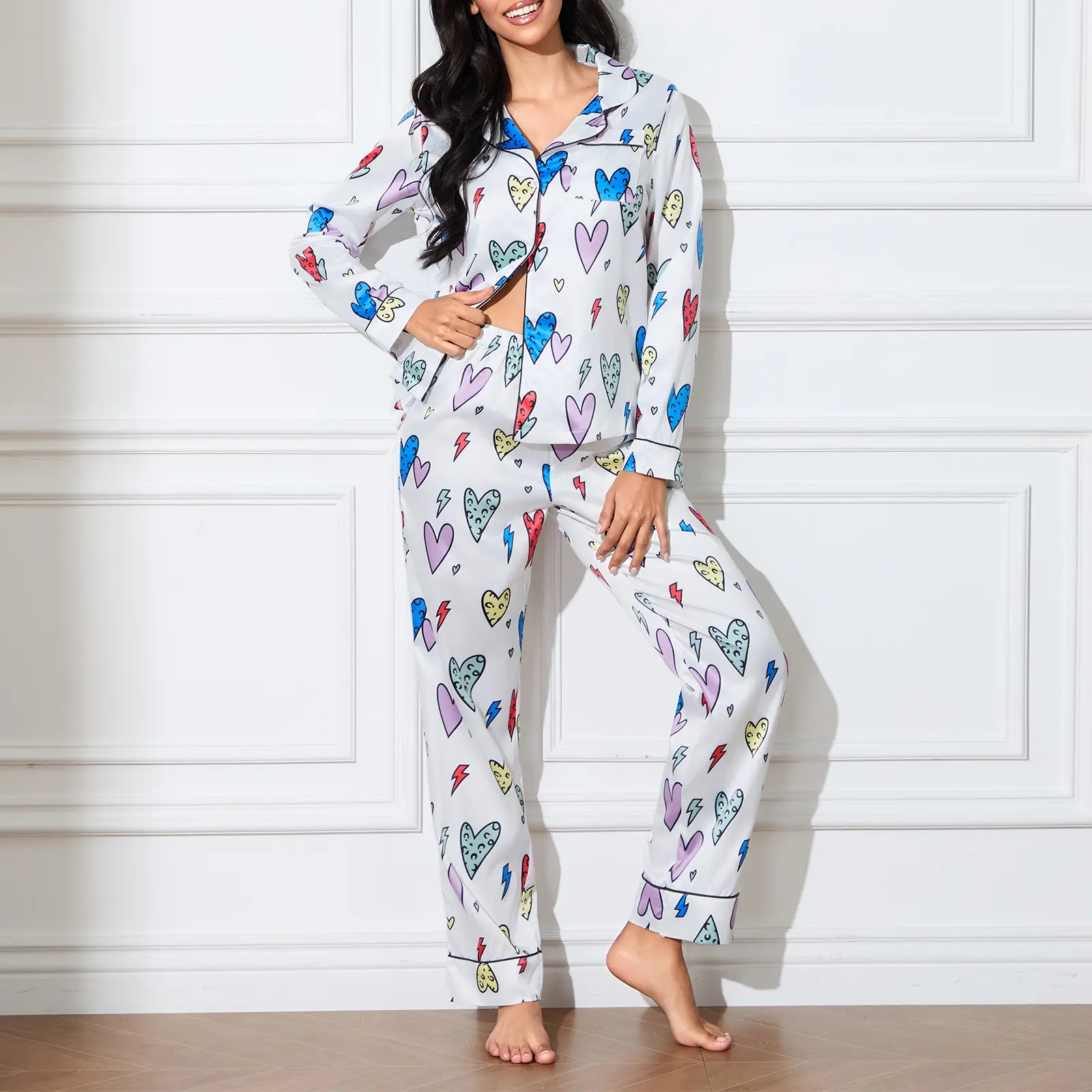 Women's Fall Pajamas Set Love Heart Pattern Button Down Long Sleeve V-Neck Tops with Pants Lounge Wear 2 Pcs Set
