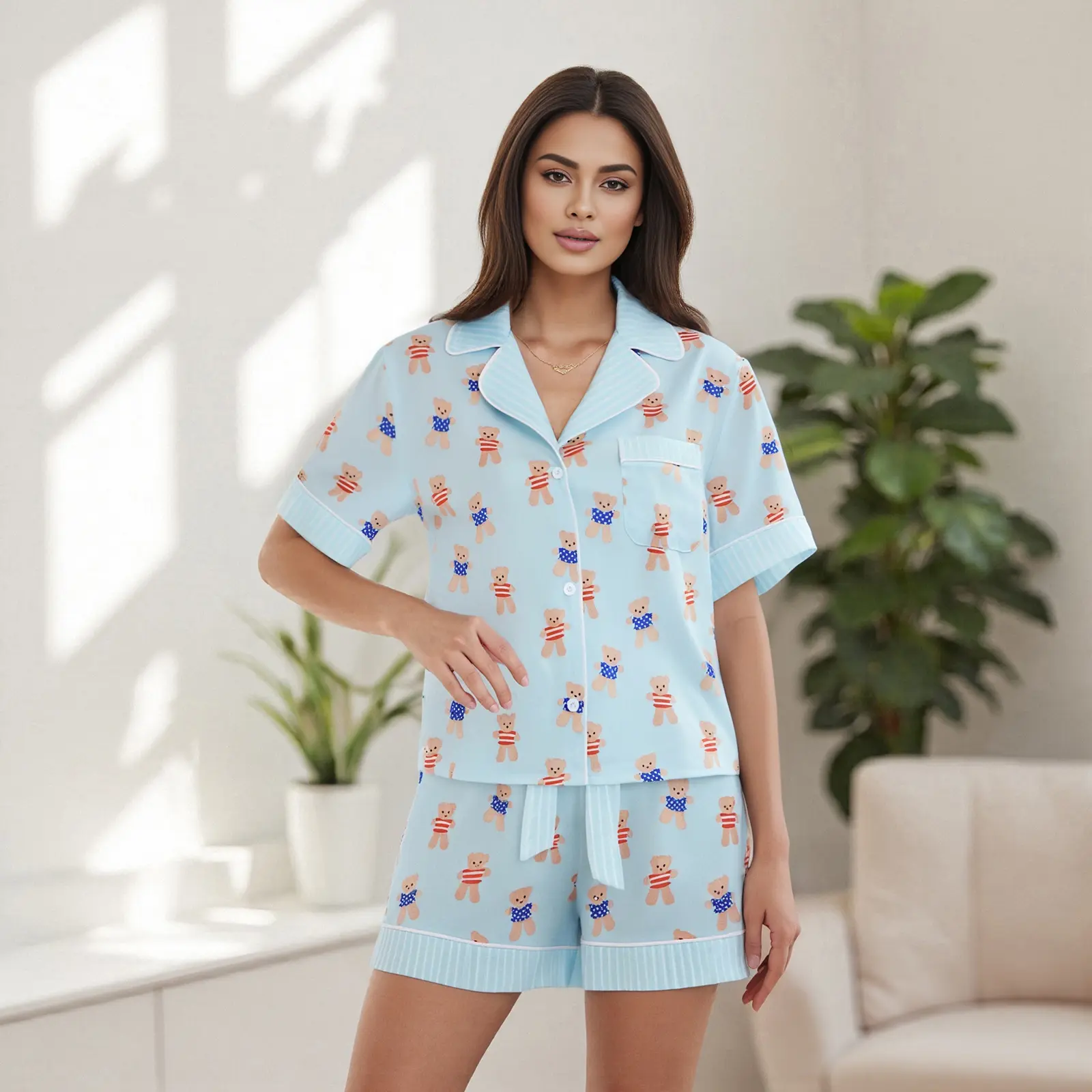 Women's Summer Pajamas Set Cartoon Bear Print Lapel V Neck Short Sleeve Tops with Shorts Lounge Wear 2 Pcs Set