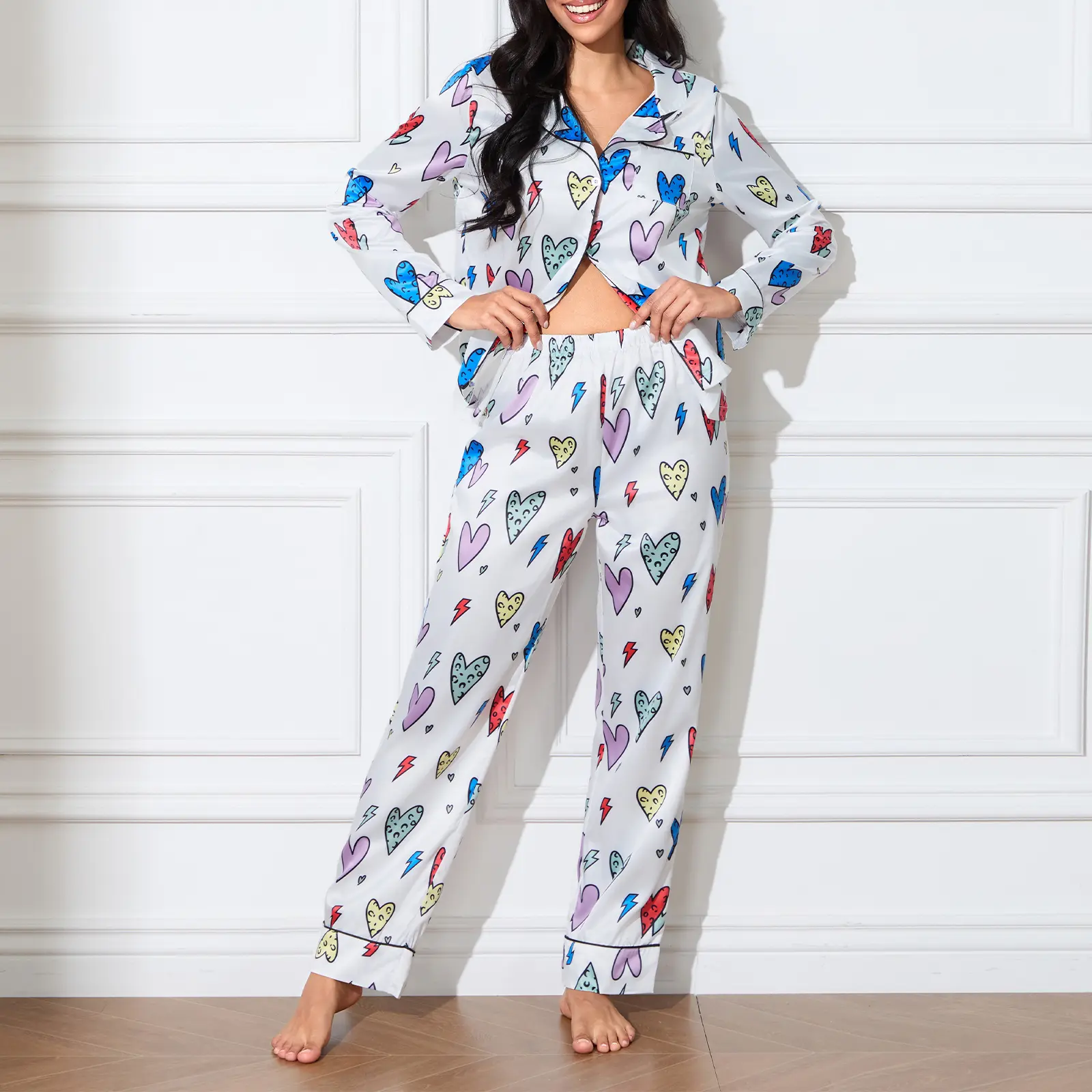 Women's Fall Pajamas Set Love Heart Pattern Button Down Long Sleeve V-Neck Tops with Pants Lounge Wear 2 Pcs Set