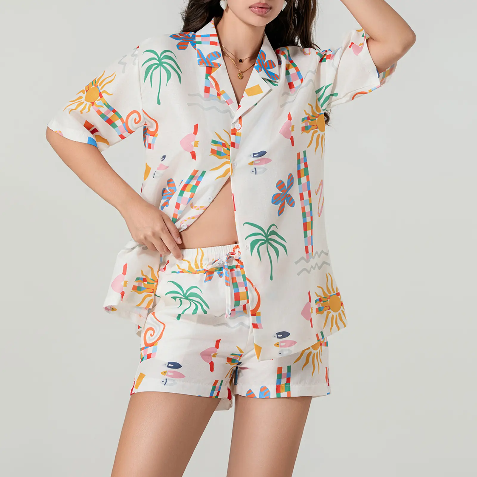 Women’s Casual 2 Piece Prairie Chic Outfits Short Sleeve Sun Print Button Up Shirt + Drawstring Shorts Set Loungewear
