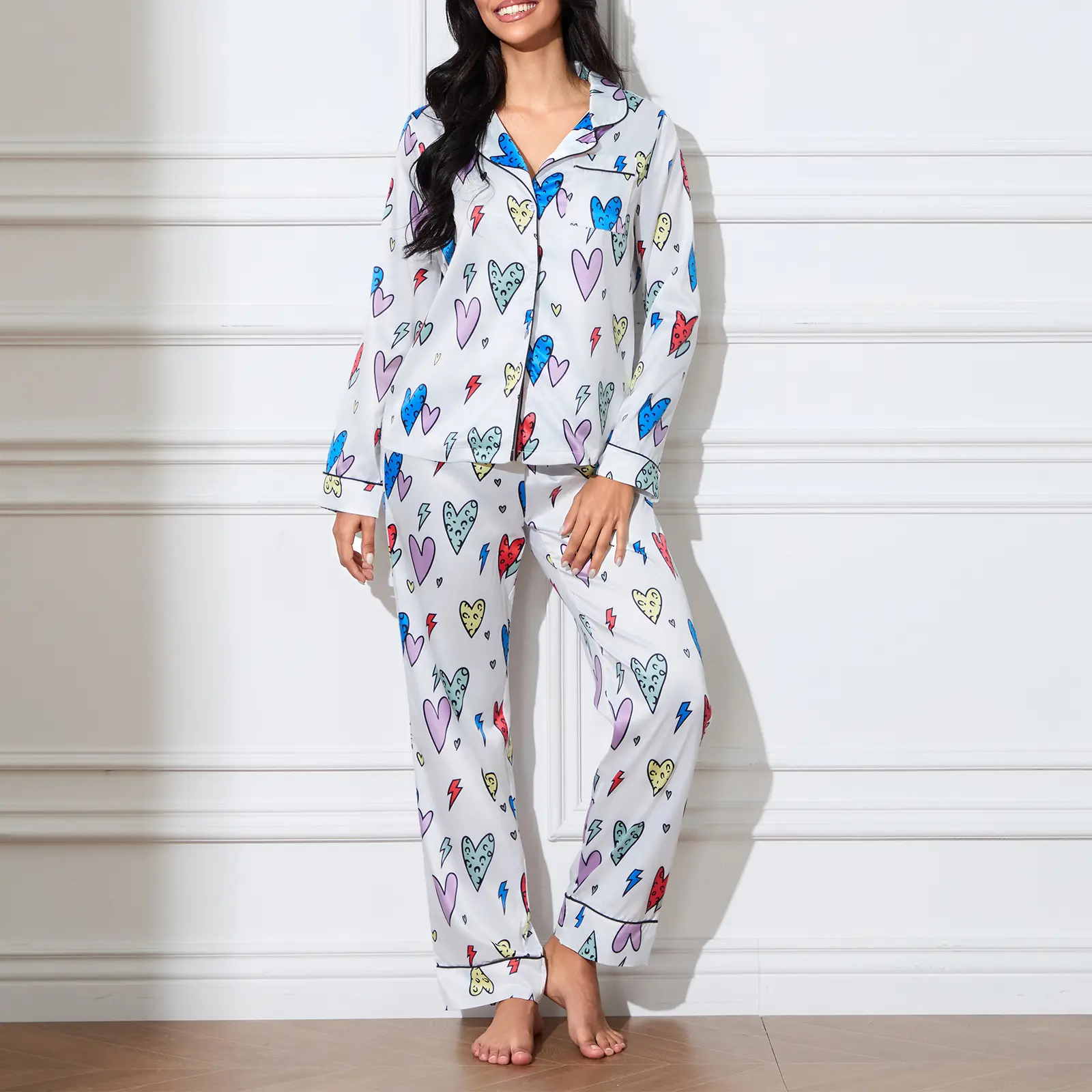 Women's Fall Pajamas Set Love Heart Pattern Button Down Long Sleeve V-Neck Tops with Pants Lounge Wear 2 Pcs Set