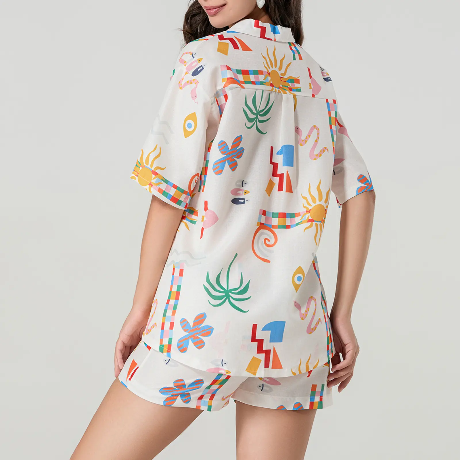 Women’s Casual 2 Piece Prairie Chic Outfits Short Sleeve Sun Print Button Up Shirt + Drawstring Shorts Set Loungewear