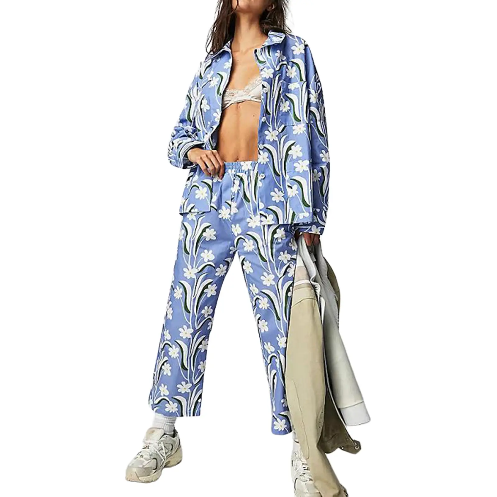 Women's Loungewear Set, Flower Print Long Sleeve Lapel Button Shirt + Elastic Waist Pants 2 Pieces Sleepwear