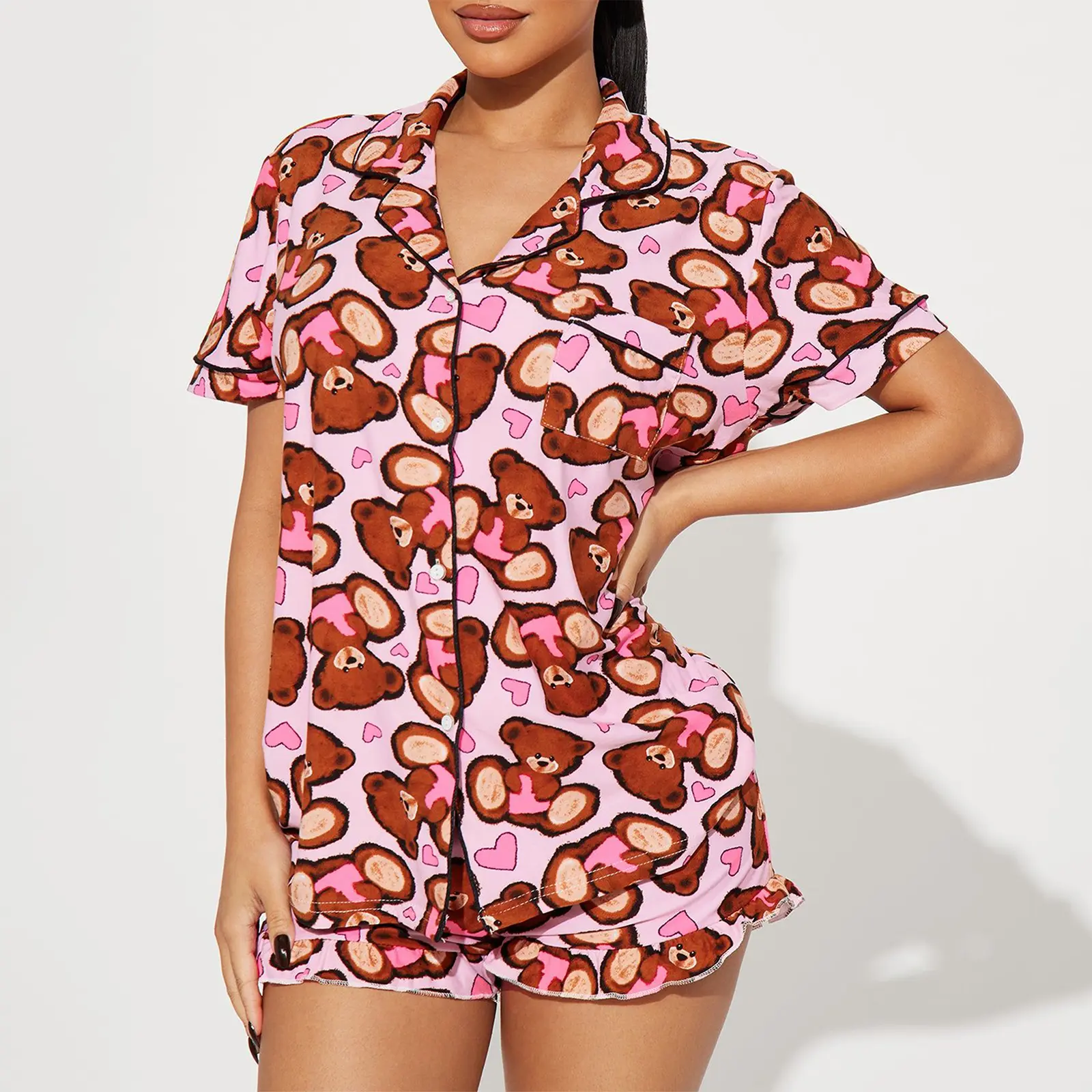 Women's Valentine's Day Lounge Set Short Sleeve Heart/Bear Print Shirt Shorts Sleepwear Sets