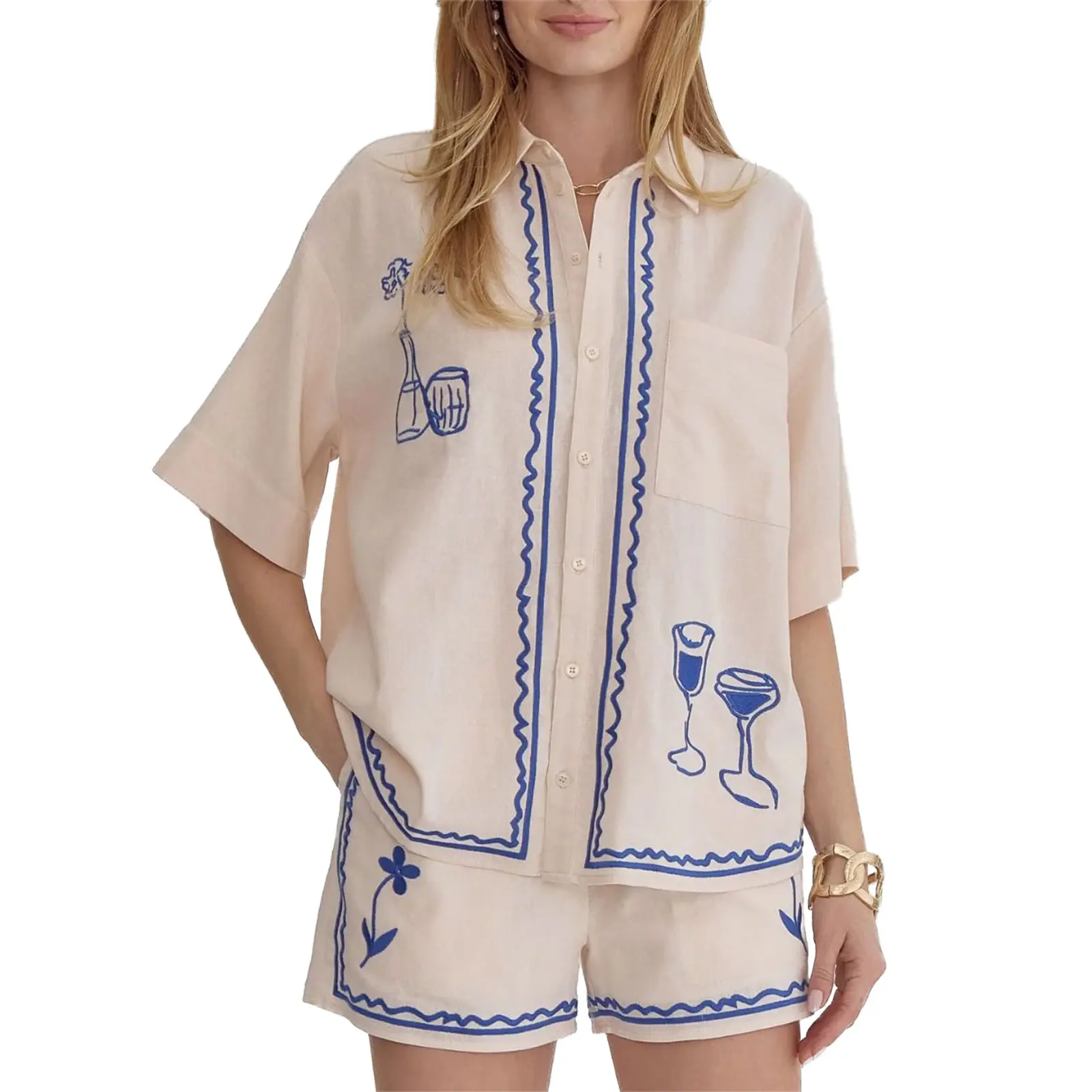 Women Pajama Set, Cups Flower Print Short Sleeve Button Closure Shirt with Shorts Sleepwear Loungewear