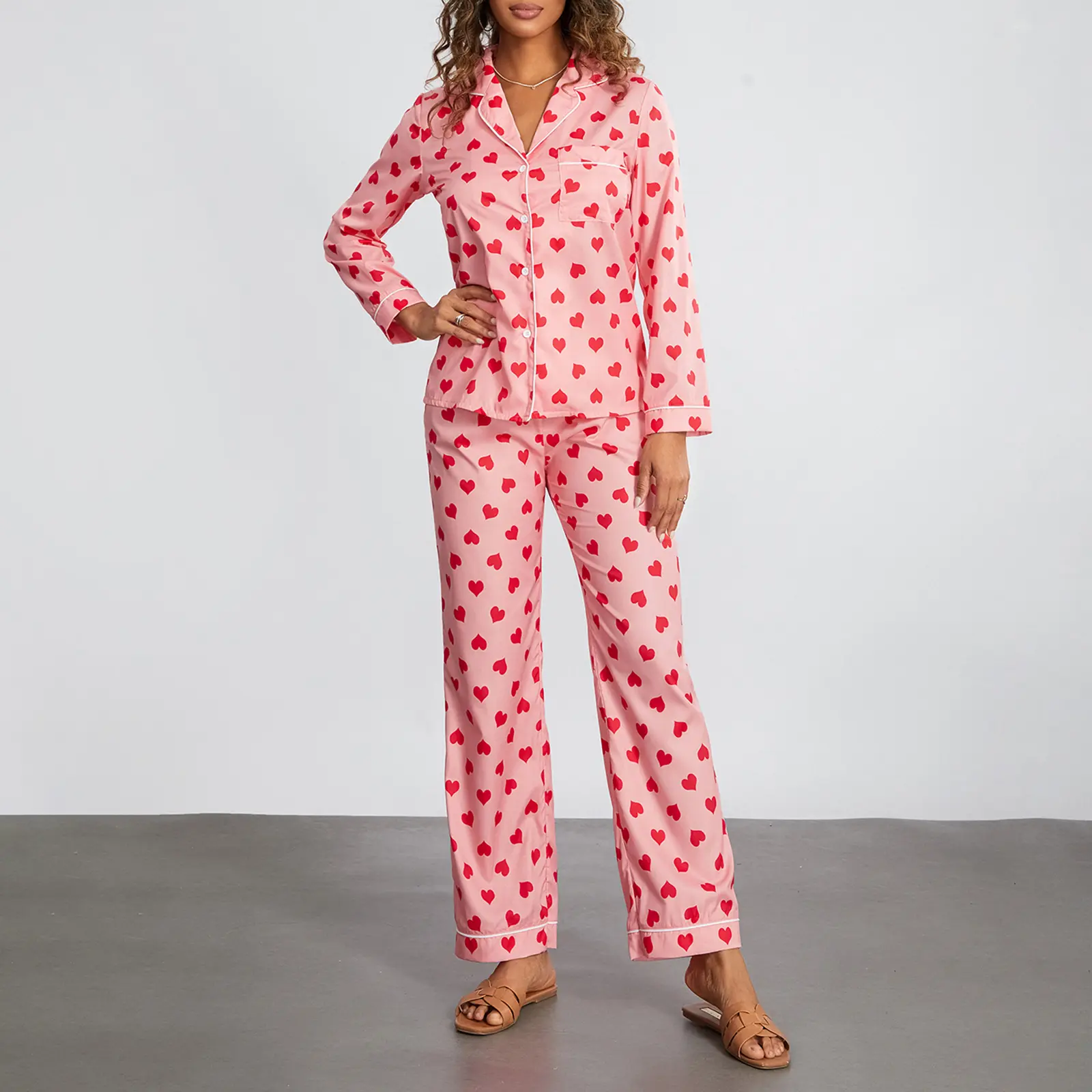 Women Pajama Set, Heart Print Long Sleeve Button Closure Tops with Pants Sleepwear Loungewear