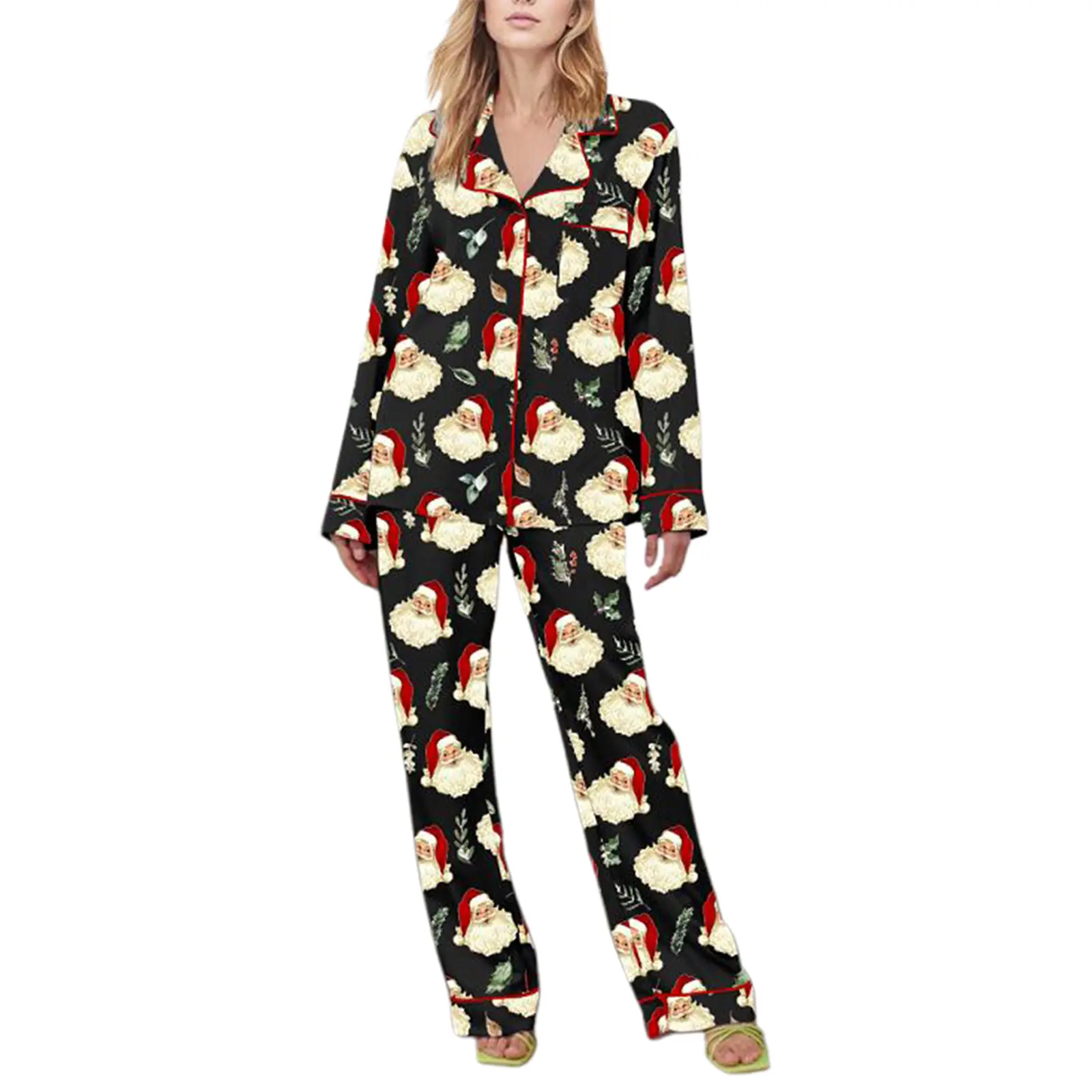 Women Christmas Pajama Set, Santa Claus Print Long Sleeve Shirt with Pants Sleepwear Loungewear