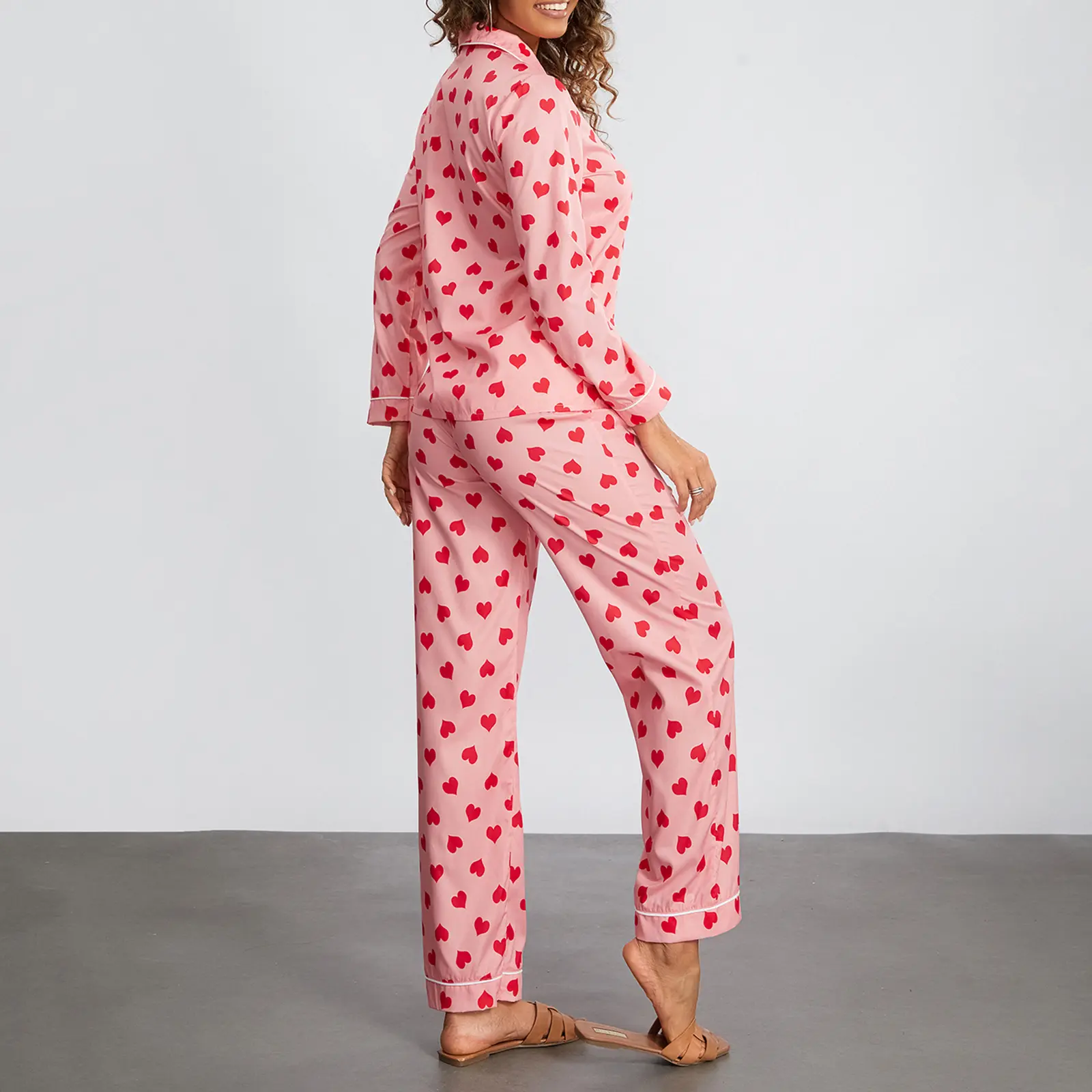 Women Pajama Set, Heart Print Long Sleeve Button Closure Tops with Pants Sleepwear Loungewear